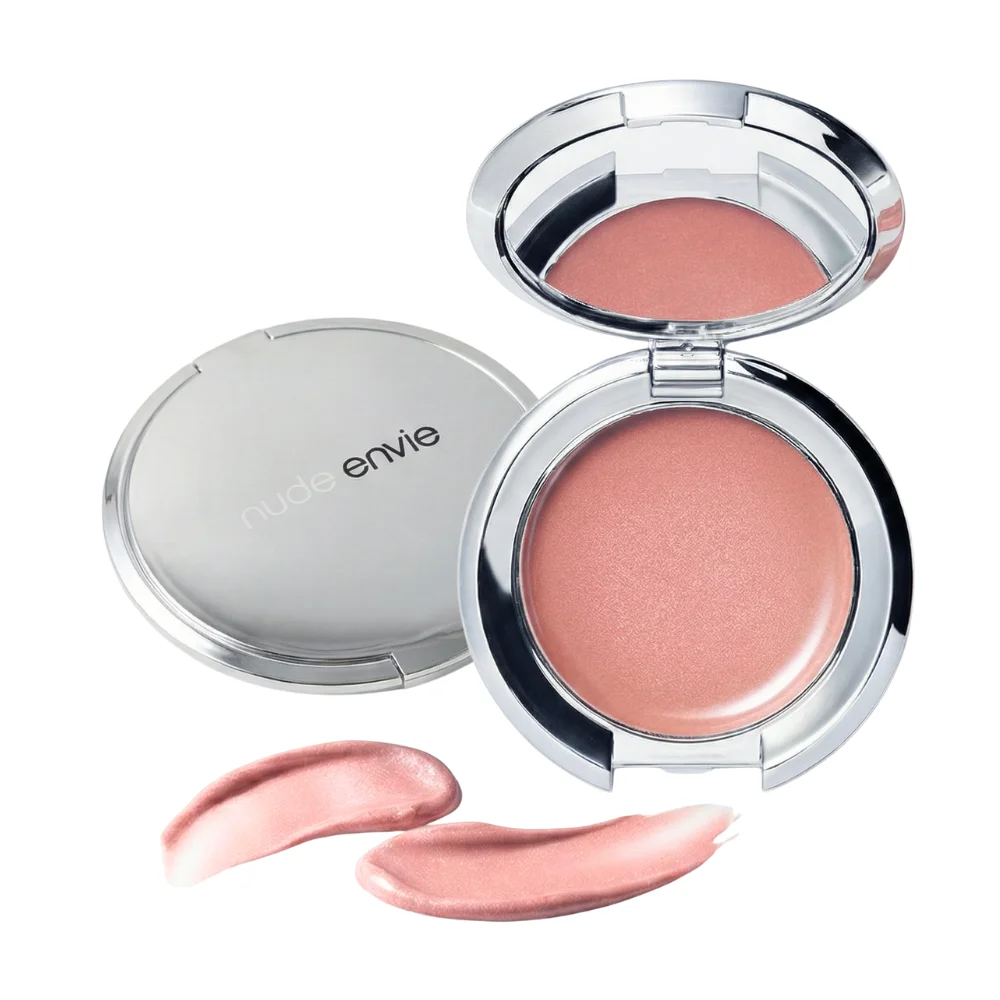 Nude Envie eyeshadow and lip products arranged for a soft nude eye look