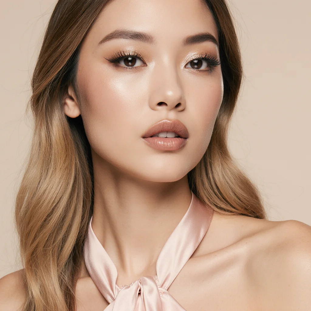 Deep olive-toned model with a muted rosy cream blush that reads as a natural, warm flush