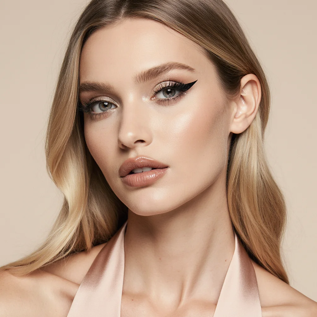 Soft pink cheek makeup on a blonde beauty with a luminous, diffused finish