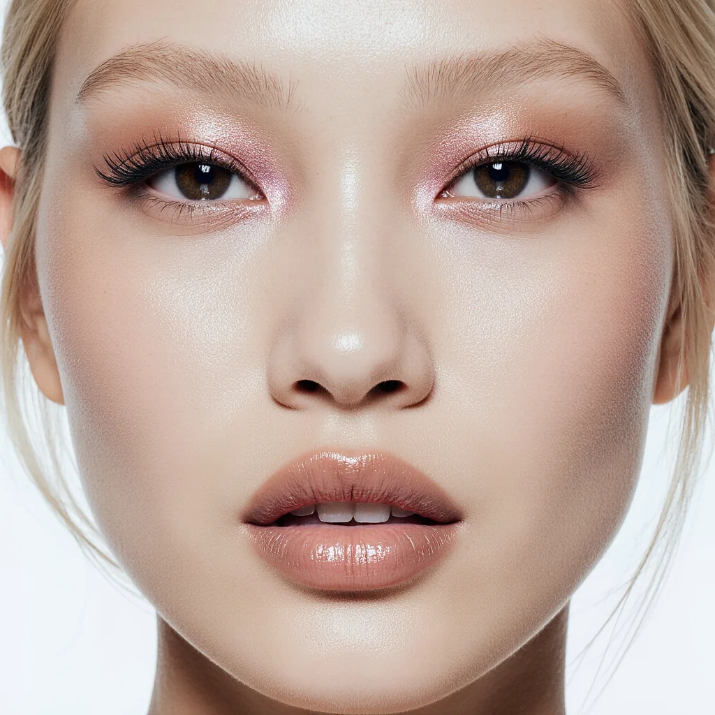Close-up beauty portrait showing softly luminous brown eyes with a refined metallic lid accent