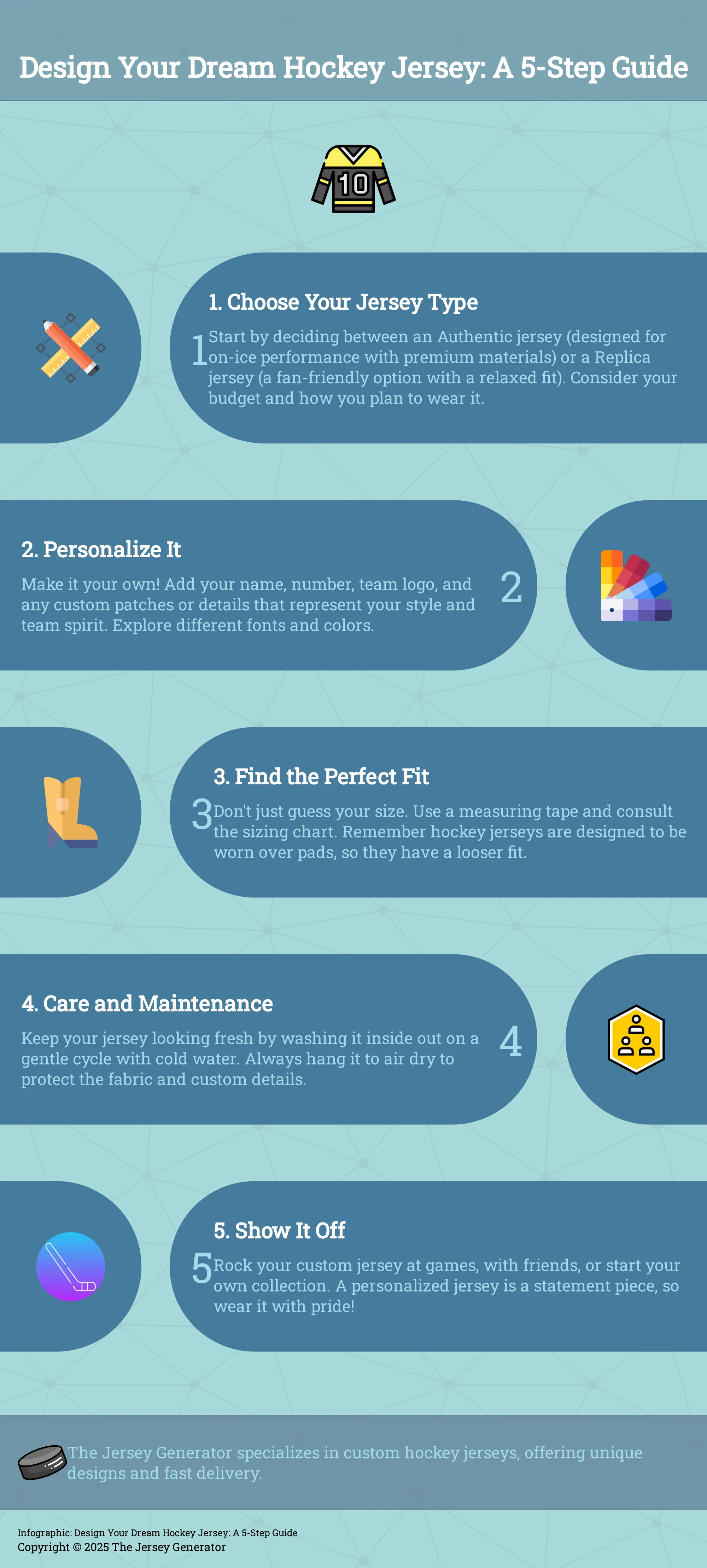 Design Your Dream Hockey Jersey: A 5-Step Guide A 5-step infographic guide to designing a custom hockey jersey.