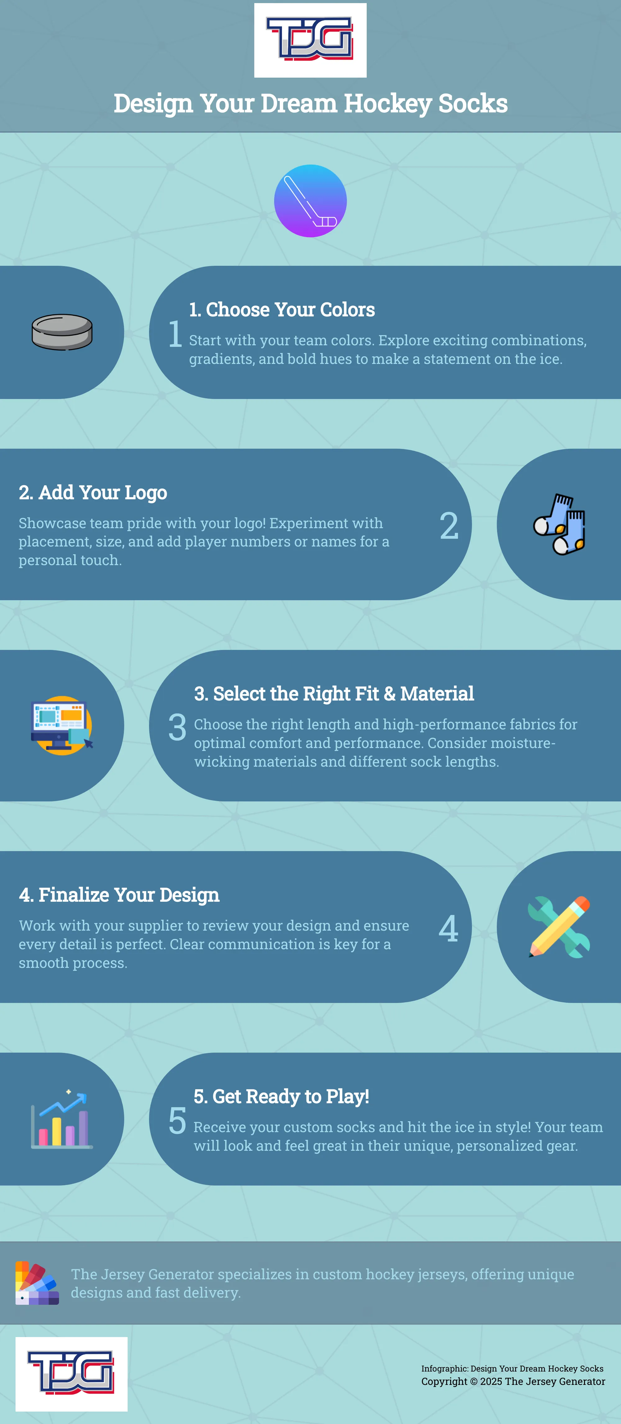 A 5-step guide to designing custom hockey socks, from choosing colors to finalizing your design.