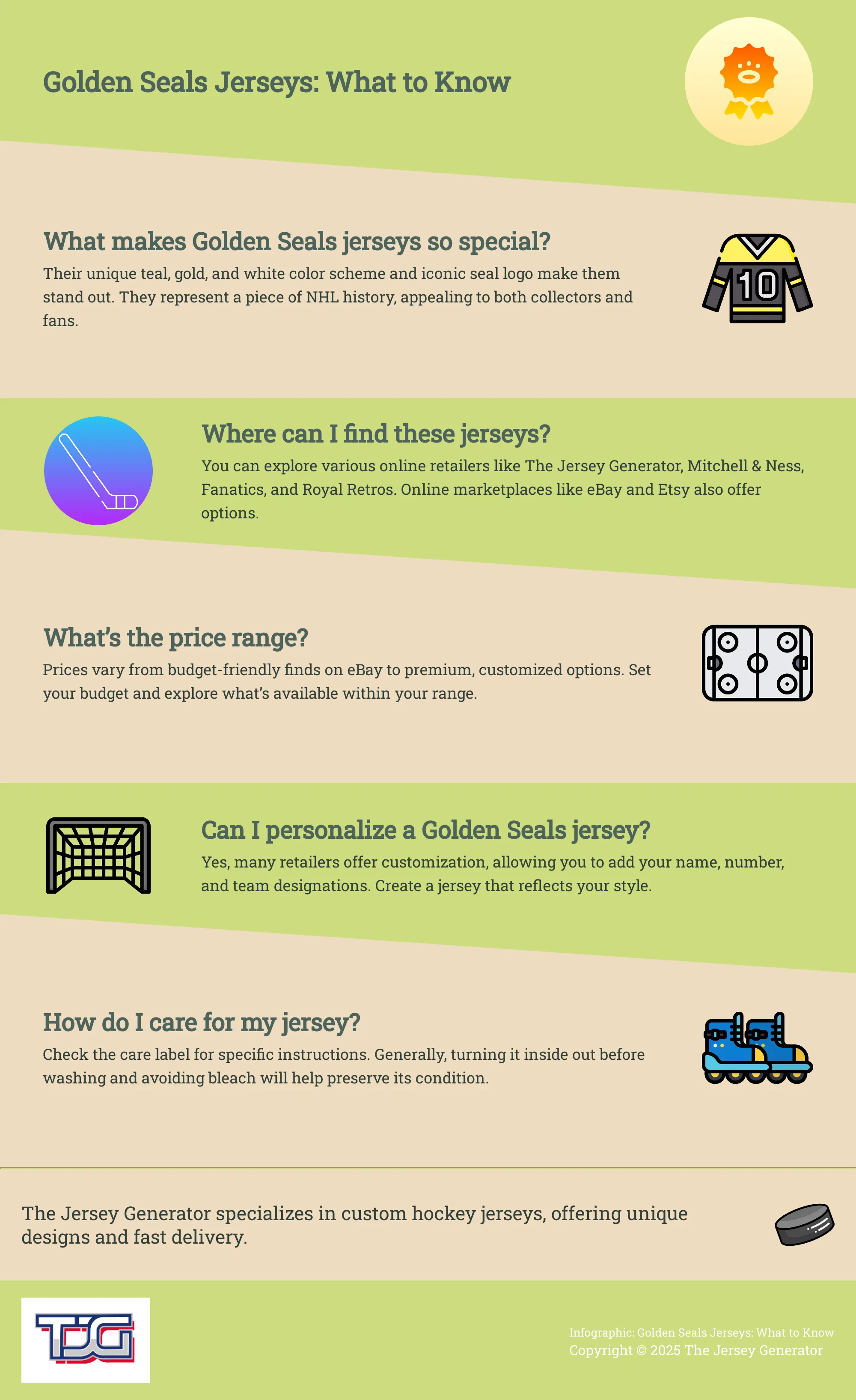Golden Seals Jerseys: What to Know A five-question infographic about California Golden Seals jerseys.