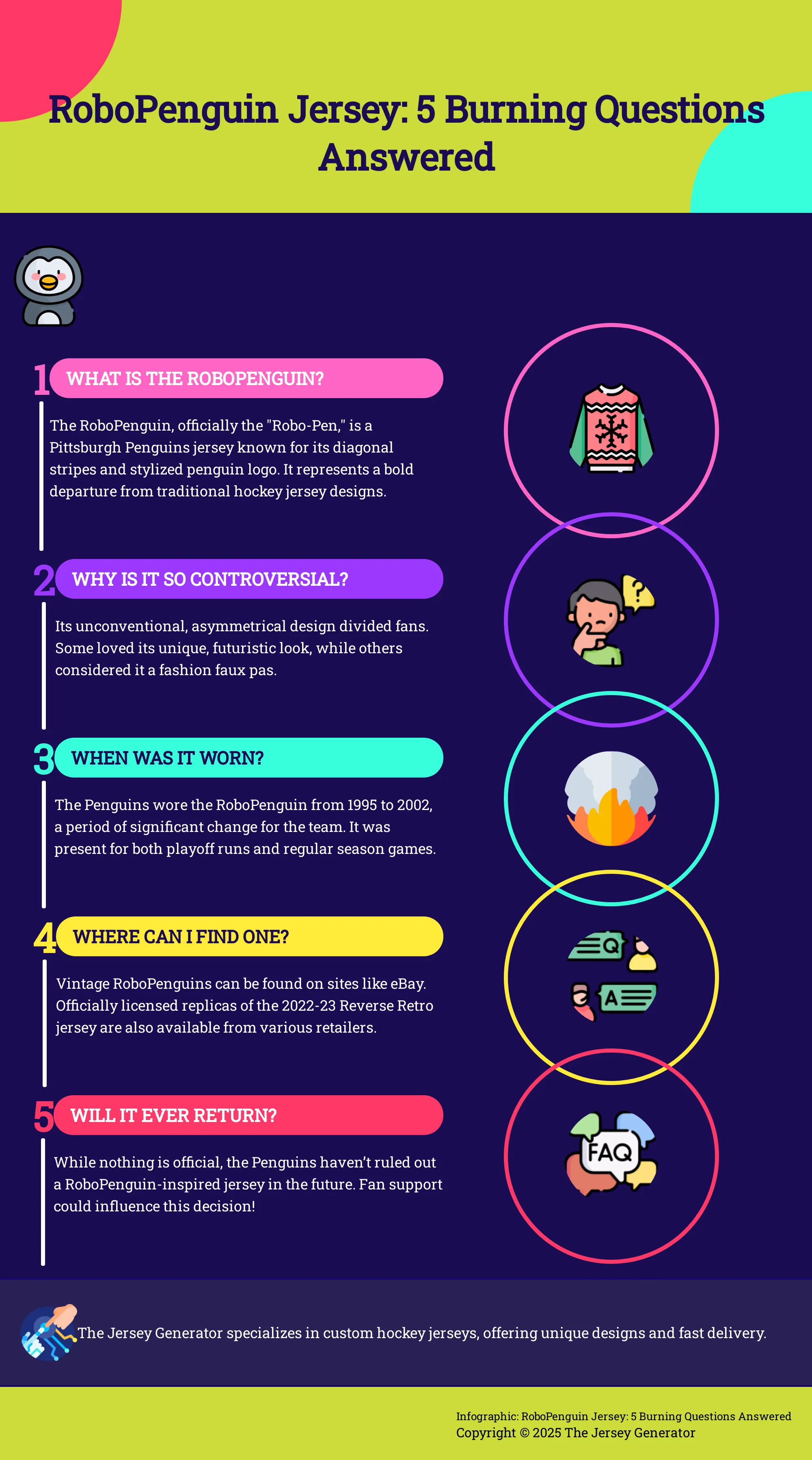 Infographic answering 5 key questions about the Pittsburgh Penguins RoboPenguin jersey.
