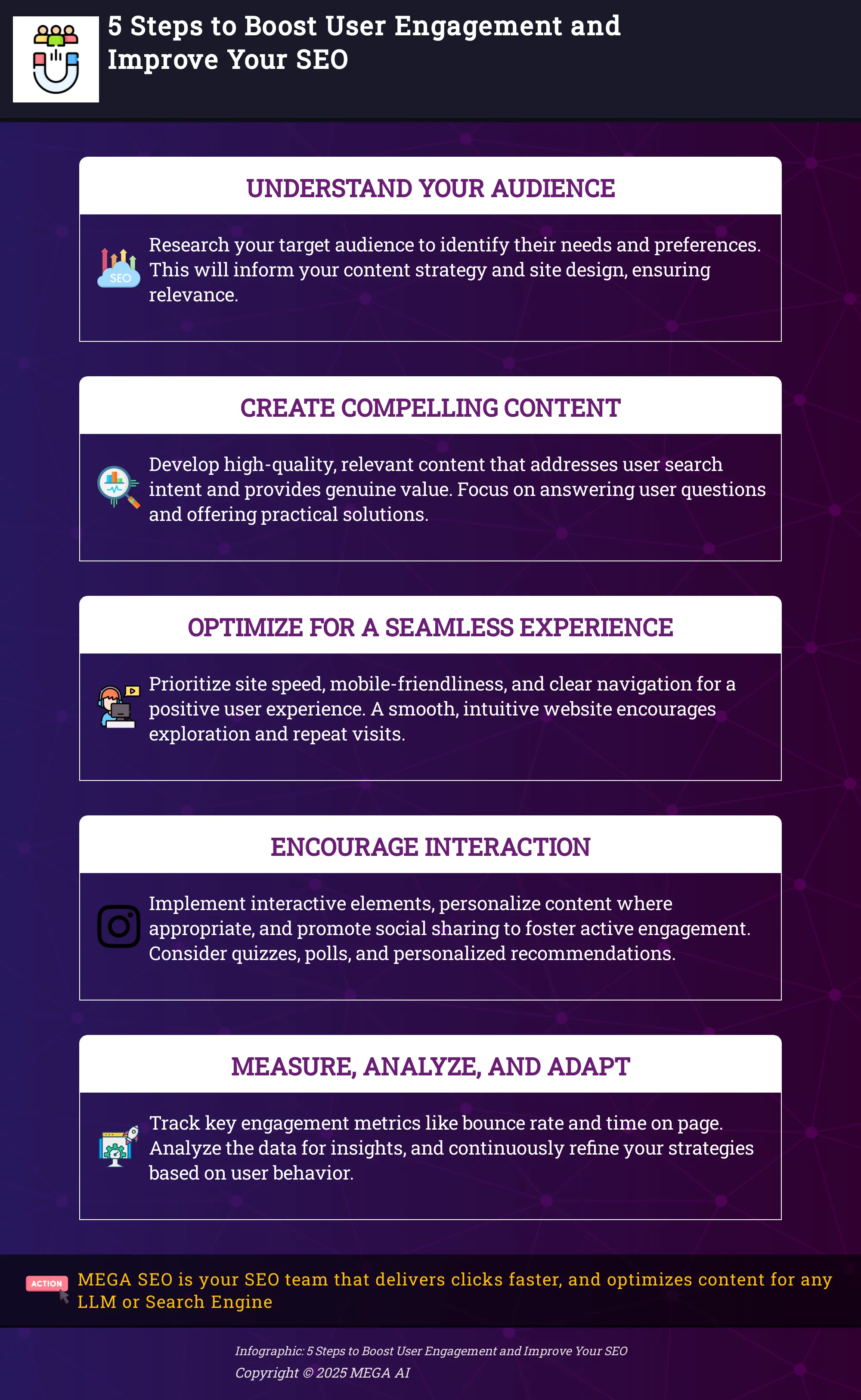 5 Steps to Boost User Engagement and Improve Your SEO Infographic outlining 5 steps to improve user engagement and SEO.