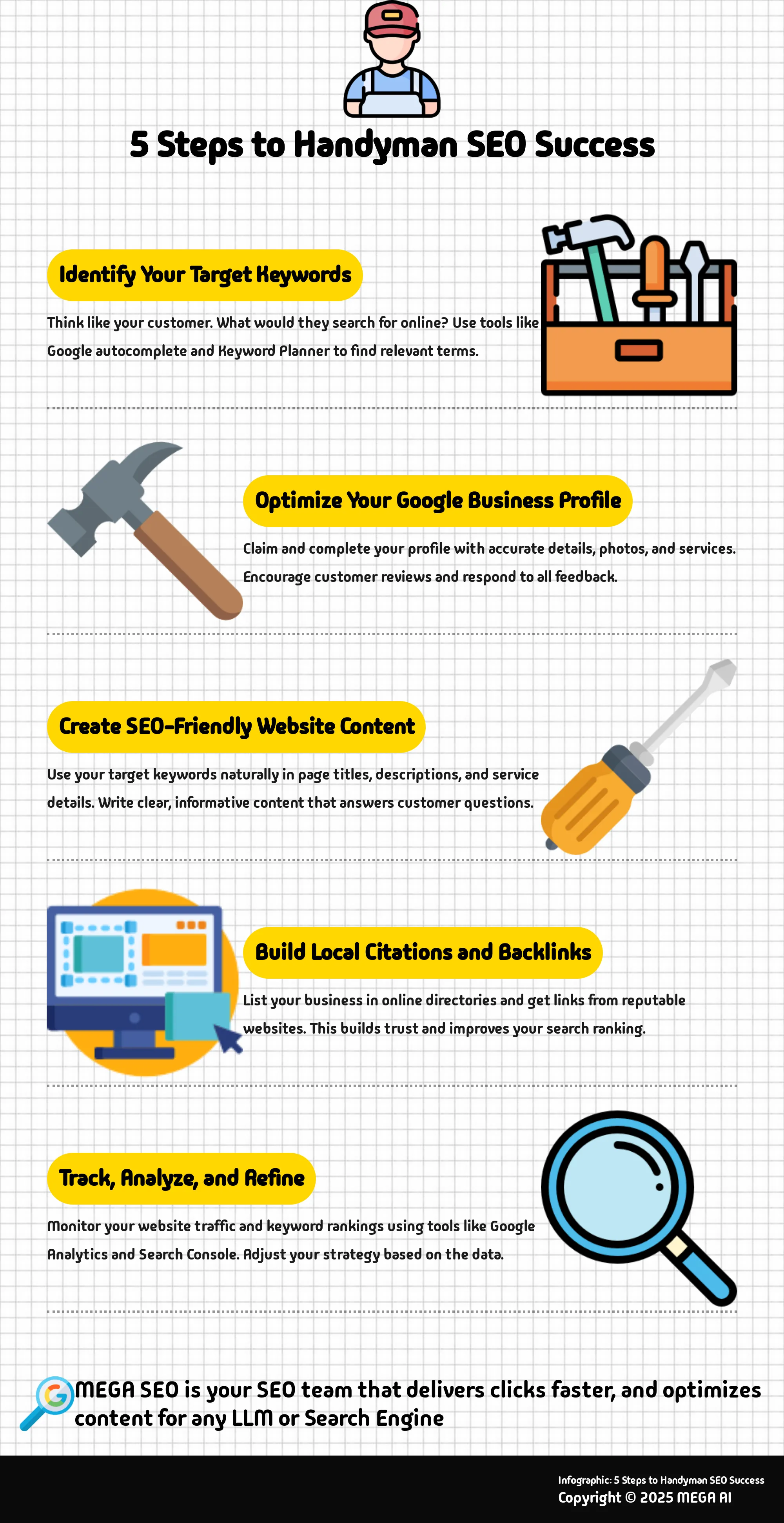 5 Steps to Handyman SEO Success Infographic: 5 steps to improve SEO for handymen.