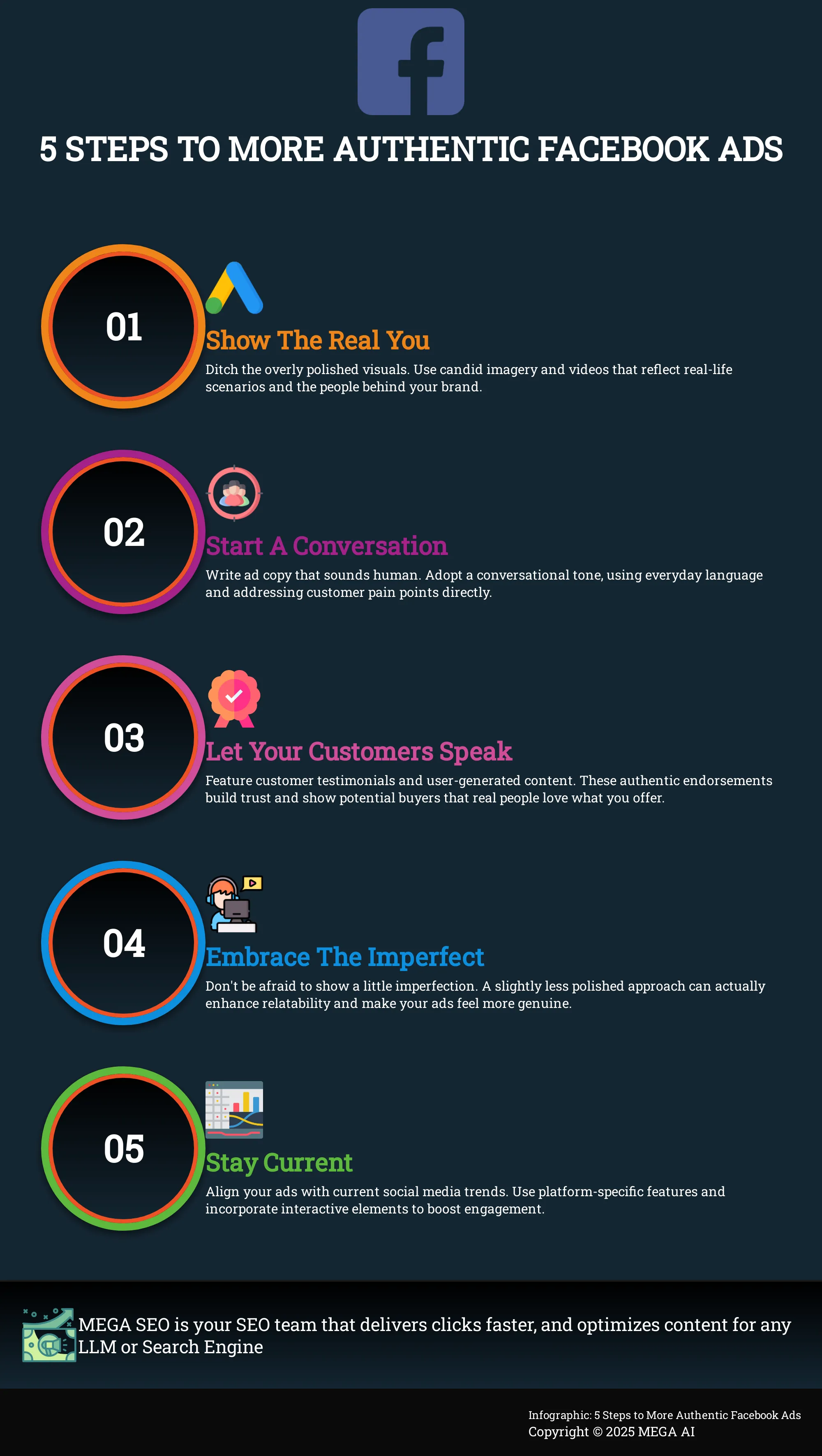 5 Steps to More Authentic Facebook Ads Infographic outlining 5 steps to create more authentic Facebook ads.