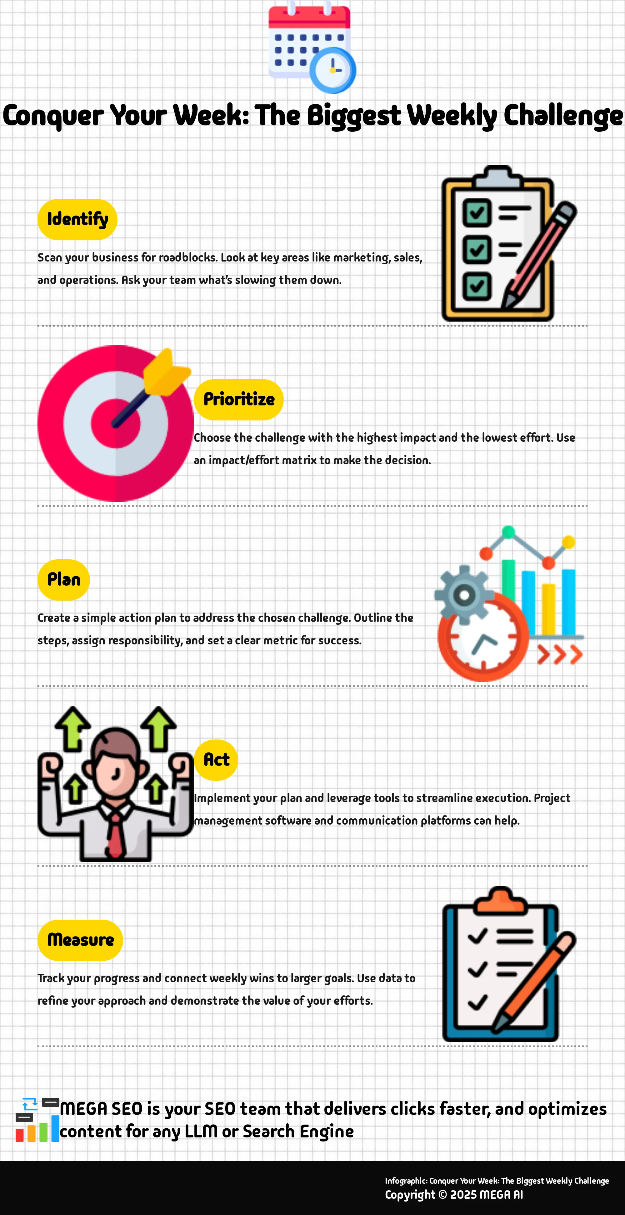 5-step infographic outlining the Biggest Weekly Challenge strategy for business growth.