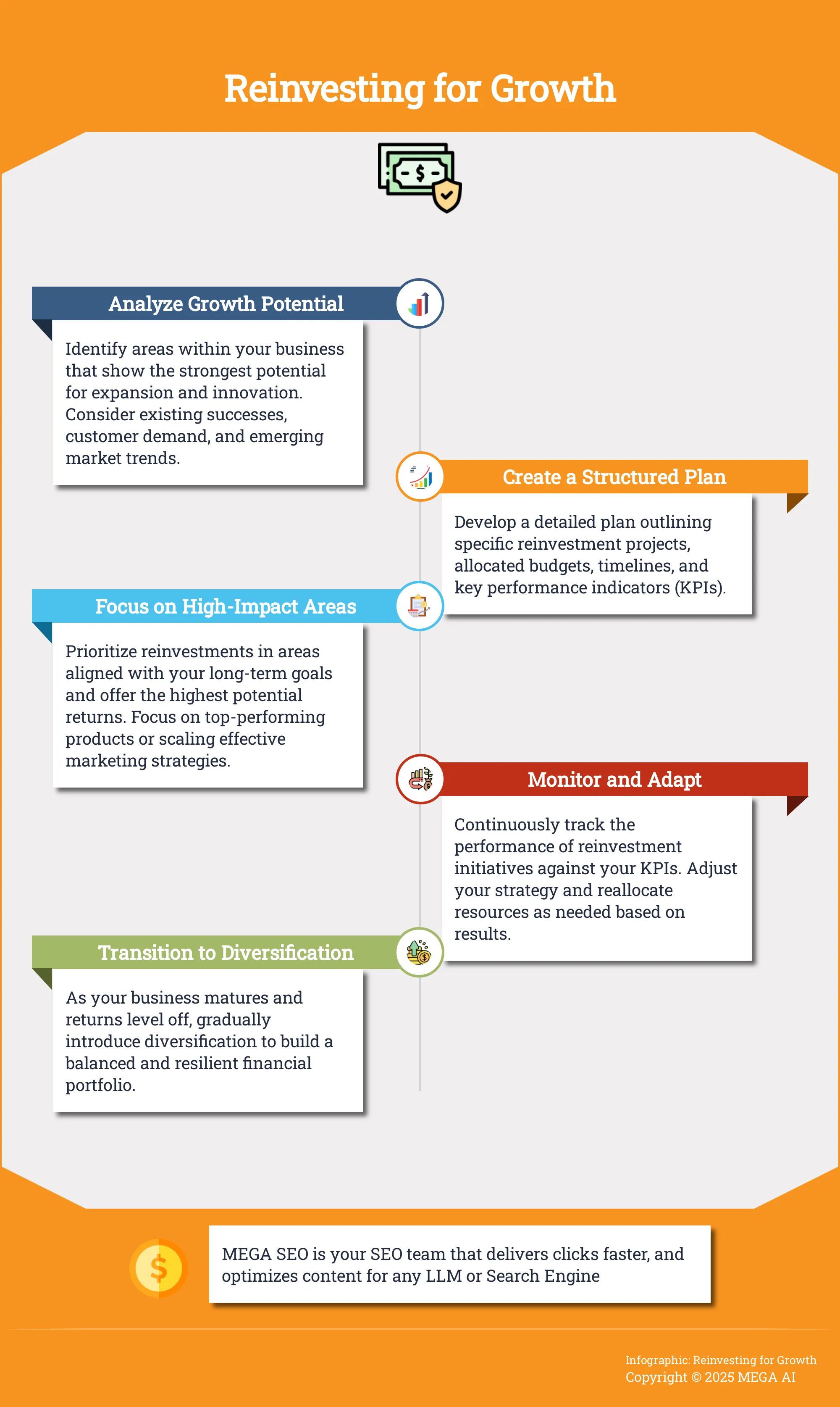 Reinvesting for Growth Infographic outlining a 5-step reinvestment strategy for businesses.