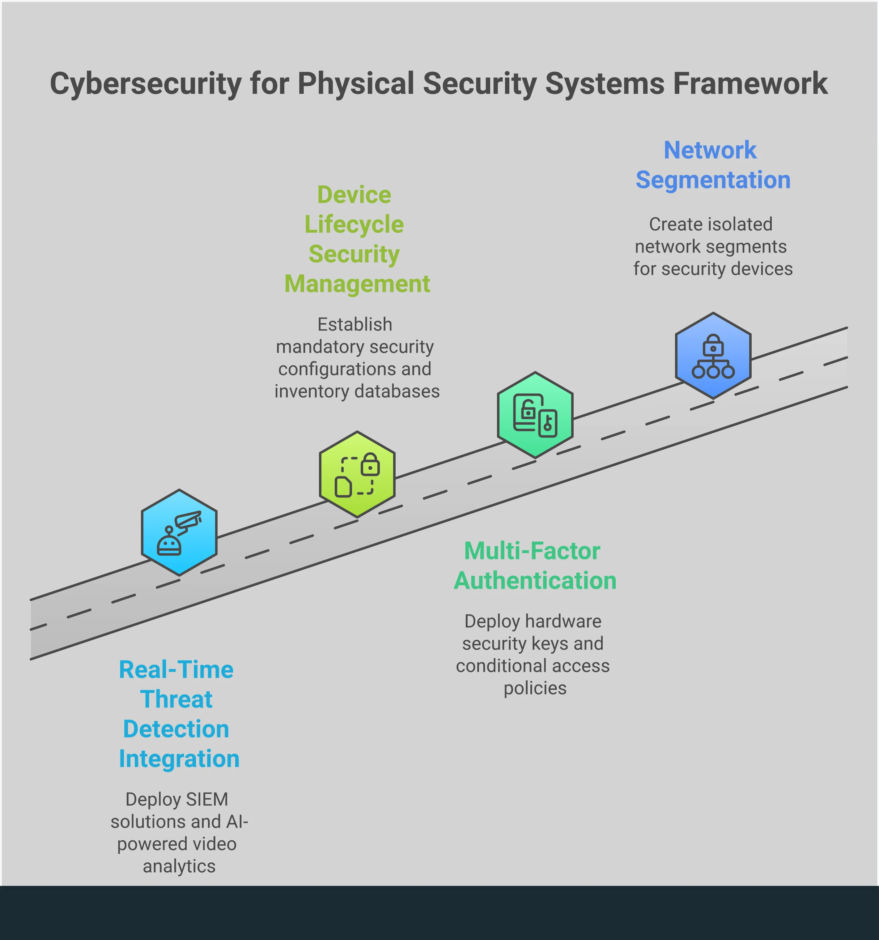 Professional infographic showing cybersecurity framework for physical security systems with four main sections: network segmentation showing VLAN isolation, multi-factor authentication with hardware keys, device lifecycle management with inventory tracking, and real-time threat detection with SIEM integration. Each section includes specific tools, configuration details, and security metrics in a clean, technical layout with interconnected system diagrams.
