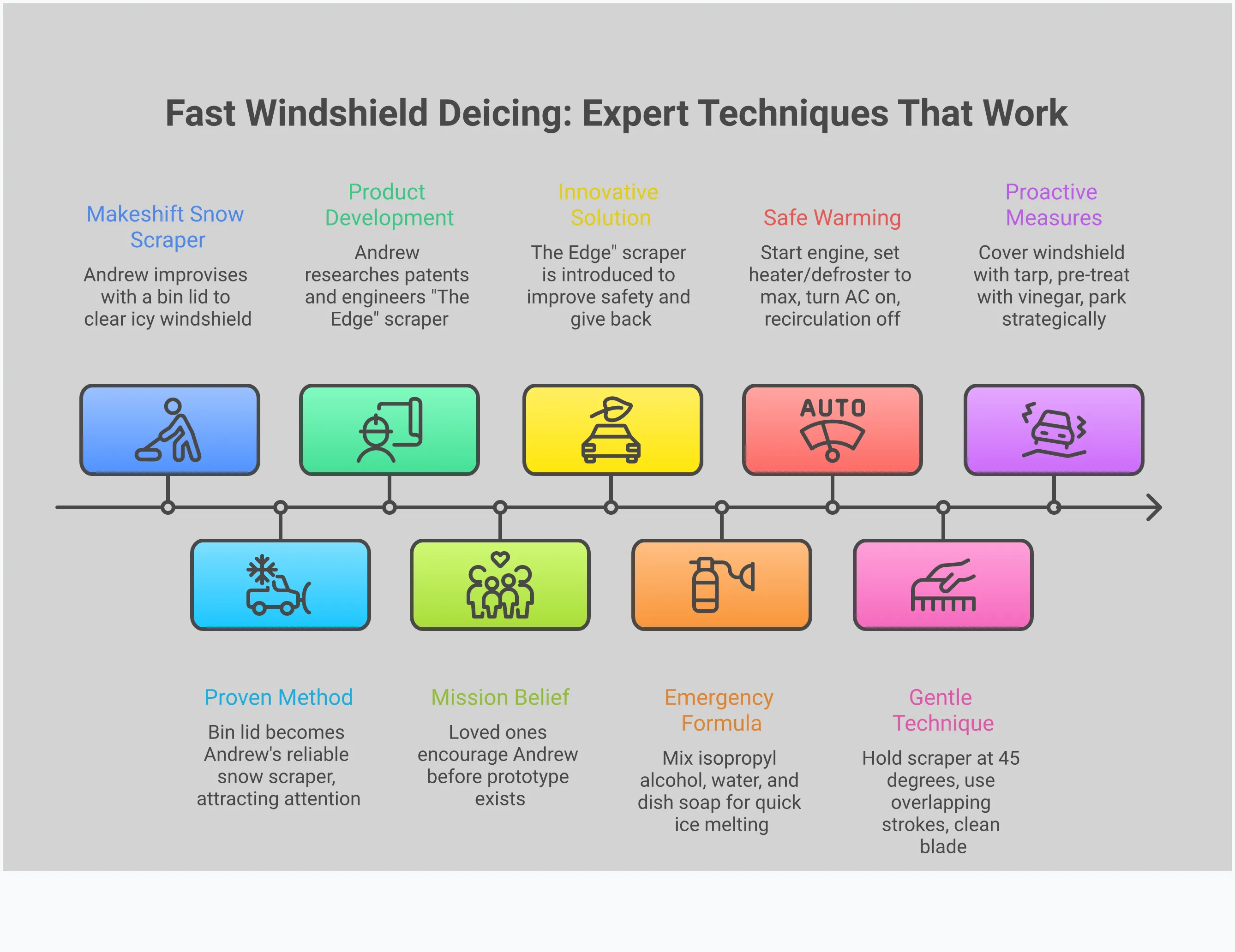 Infographic showing four expert techniques for fast windshield deicing: DIY alcohol-based spray recipe with measurements, proper car defroster settings sequence, professional scraping technique with correct angle demonstration, and overnight prevention methods including windshield covers and pre-treatment solutions