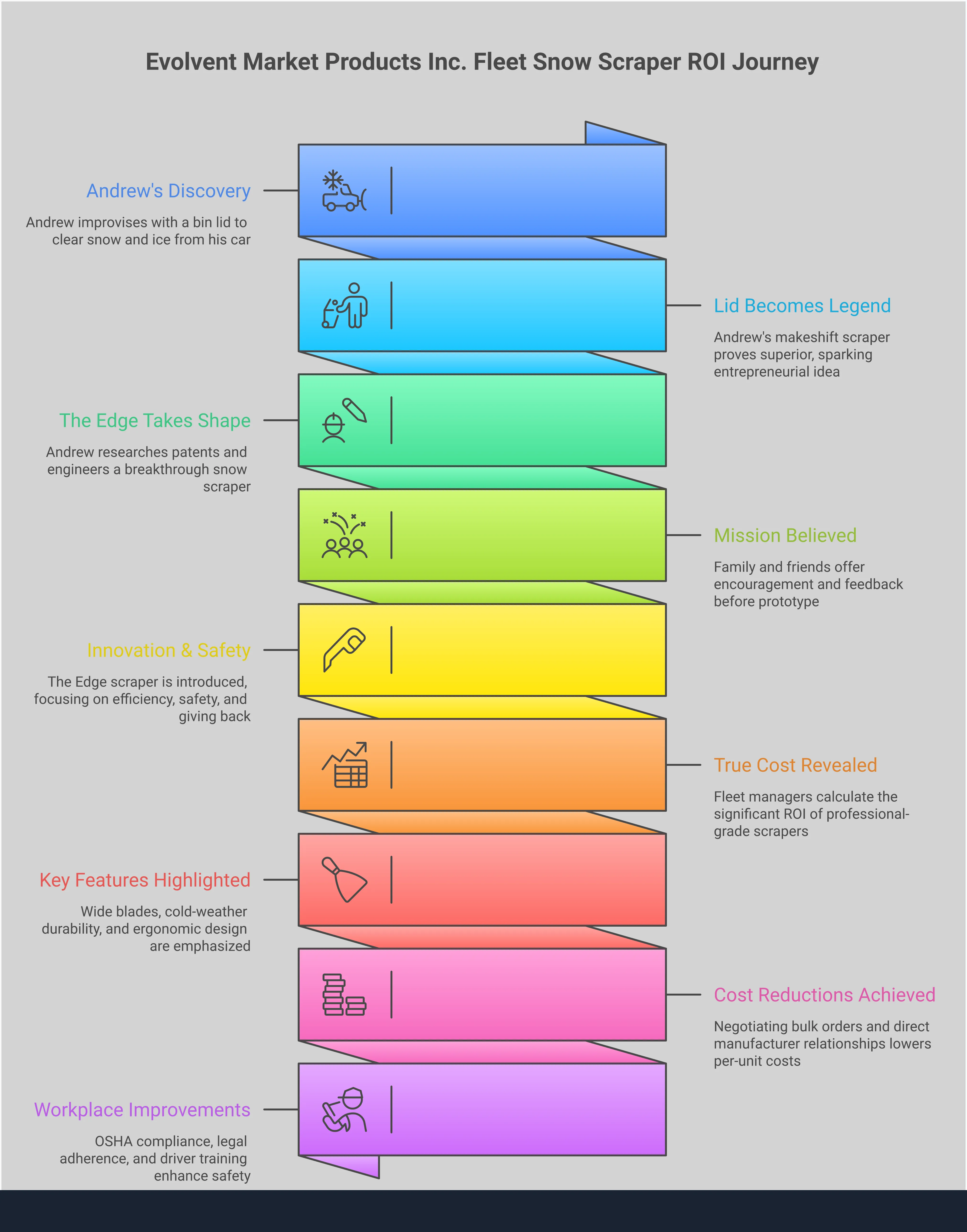 Professional infographic showing fleet snow scraper ROI analysis with four main sections covering cost calculations, performance specifications, procurement strategy, and safety compliance. Features data points on replacement costs, clearing time comparisons, bulk pricing benefits, and safety improvements. Uses clean charts and icons to illustrate the financial and operational advantages of investing in quality snow removal equipment for vehicle fleets.