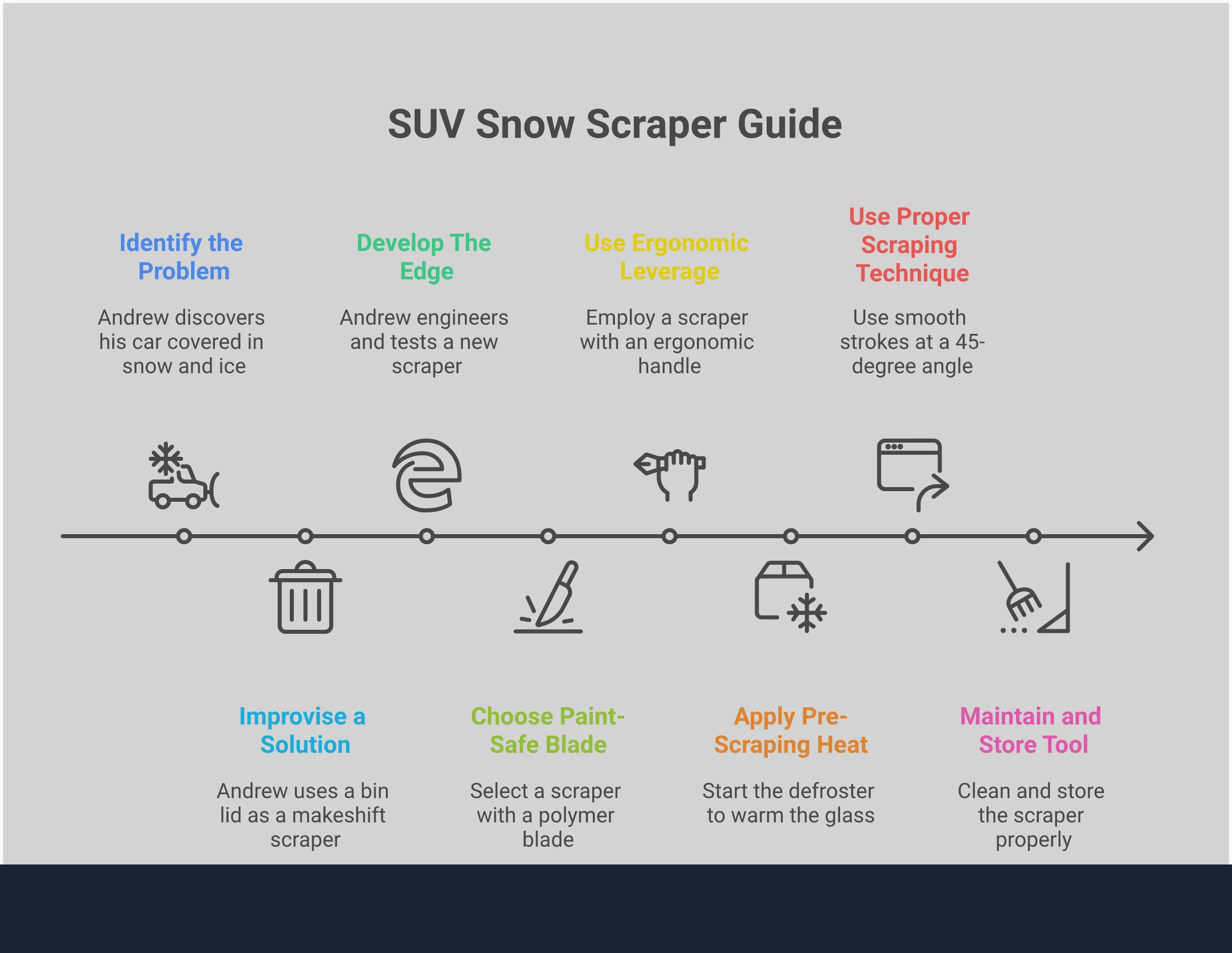 Professional infographic showing heavy-duty SUV snow scraper techniques with paint-safe blade technology, ergonomic leverage systems, pre-scraping heat strategies, proper scraping techniques, and maintenance tips. Features technical diagrams of polymer blade construction, ergonomic handle designs, defroster positioning, optimal scraping angles, and storage methods. Color scheme uses winter blues and automotive grays with clear technical illustrations and step-by-step visual guides for SUV owners.