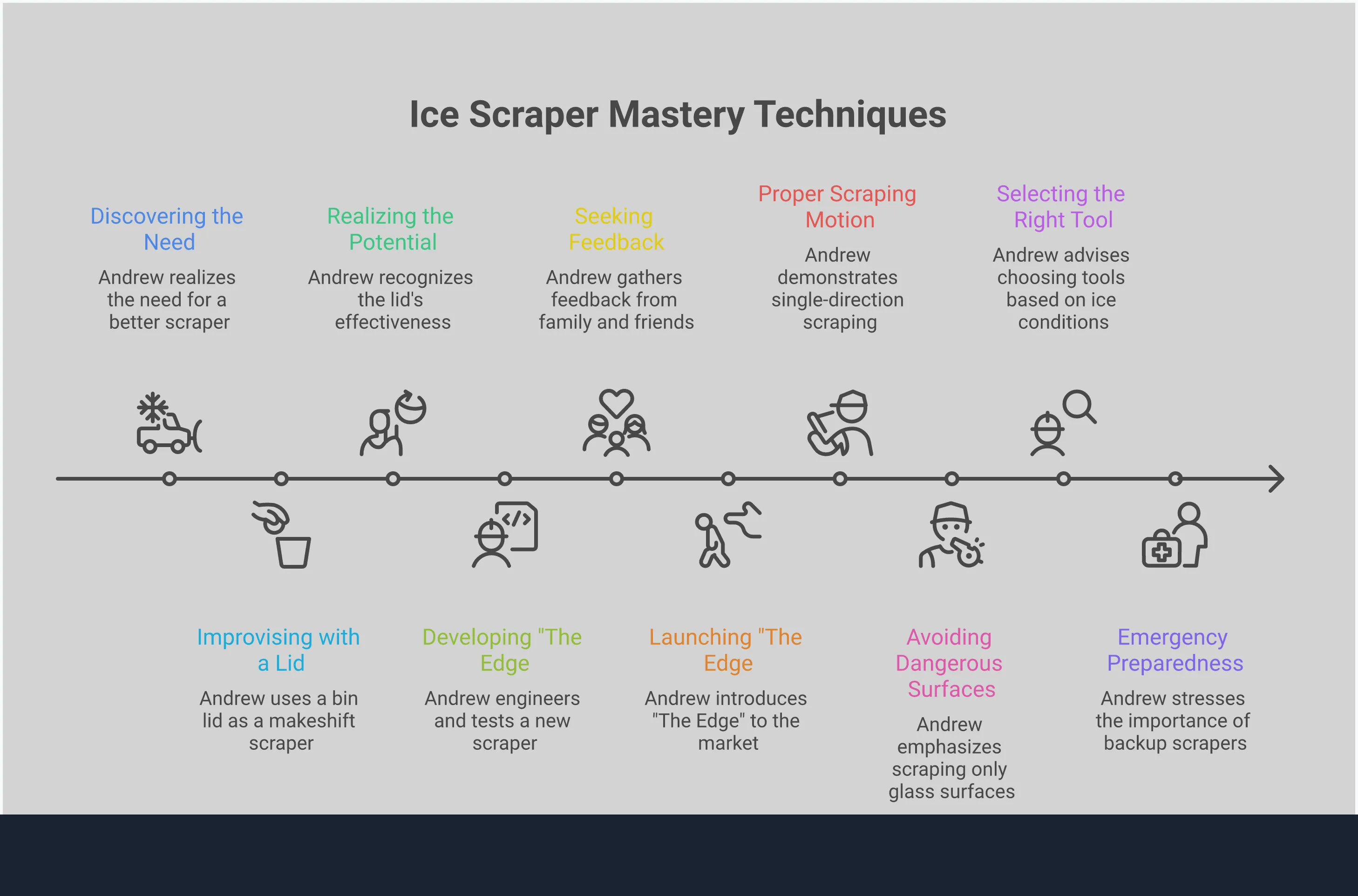 Professional infographic showing proper ice scraper techniques with four main sections: correct scraping motions with directional arrows, paint-safe zones highlighted on car diagram, tool selection criteria with blade width measurements, and emergency preparedness checklist with tool condition indicators