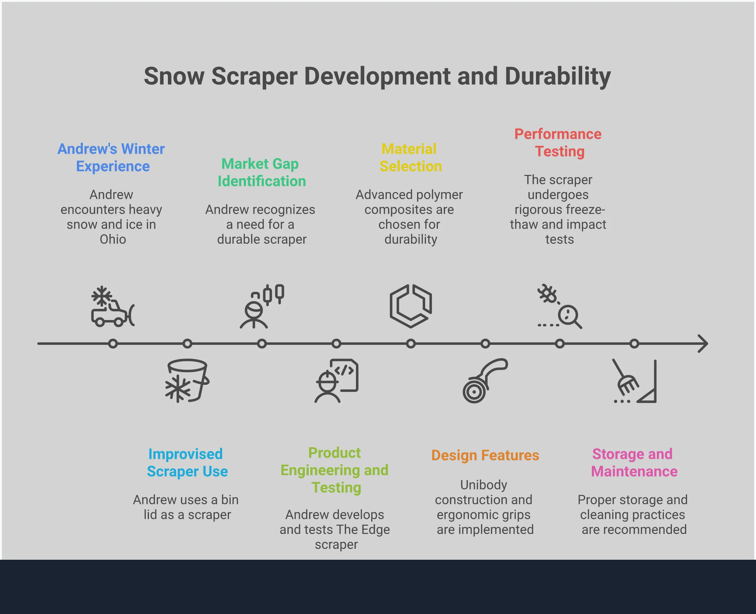 Professional infographic showing snow scraper durability factors including material engineering with polymer composites, unibody design features, performance testing standards, and proper storage maintenance techniques. Visual elements include cross-sections of scraper construction, temperature testing diagrams, and storage best practices illustrations.