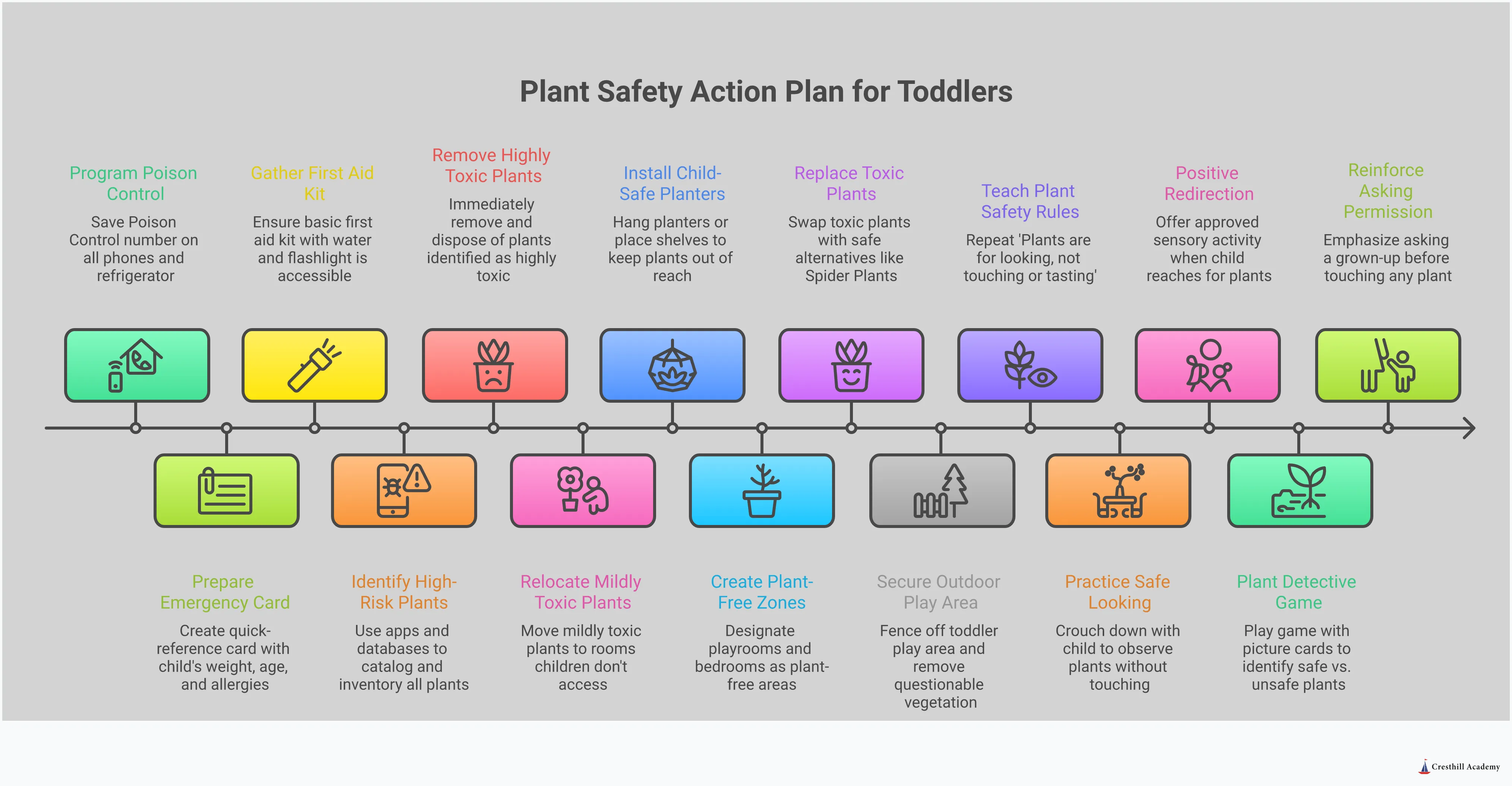 Comprehensive plant safety infographic showing four key sections: plant identification with common toxic houseplants and outdoor plants, emergency response protocol with Poison Control contact information and first aid steps, safe plant zone creation using hanging planters and designated areas, and teaching methods for plant safety rules to toddlers. Each section includes specific tools, measurements, and actionable steps for parents to implement immediately.