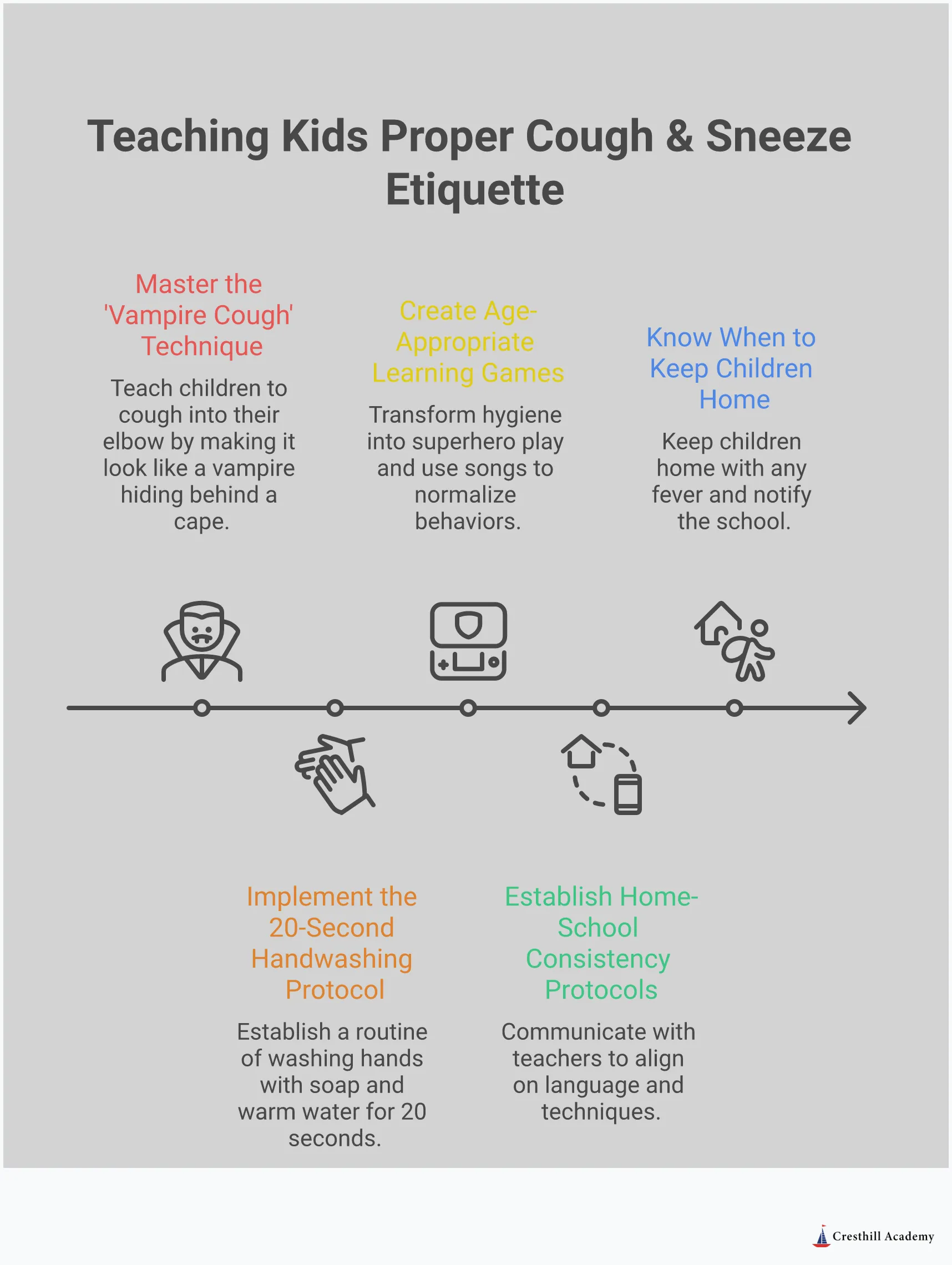 Teaching Kids Proper Cough & Sneeze Etiquette Infographic showing five key strategies for teaching children proper cough and sneeze etiquette, including the vampire cough technique with elbow positioning, 20-second handwashing protocol with timer methods, age-appropriate learning games and activities, home-school consistency protocols for reinforcement, and guidelines for when to keep sick children home from school