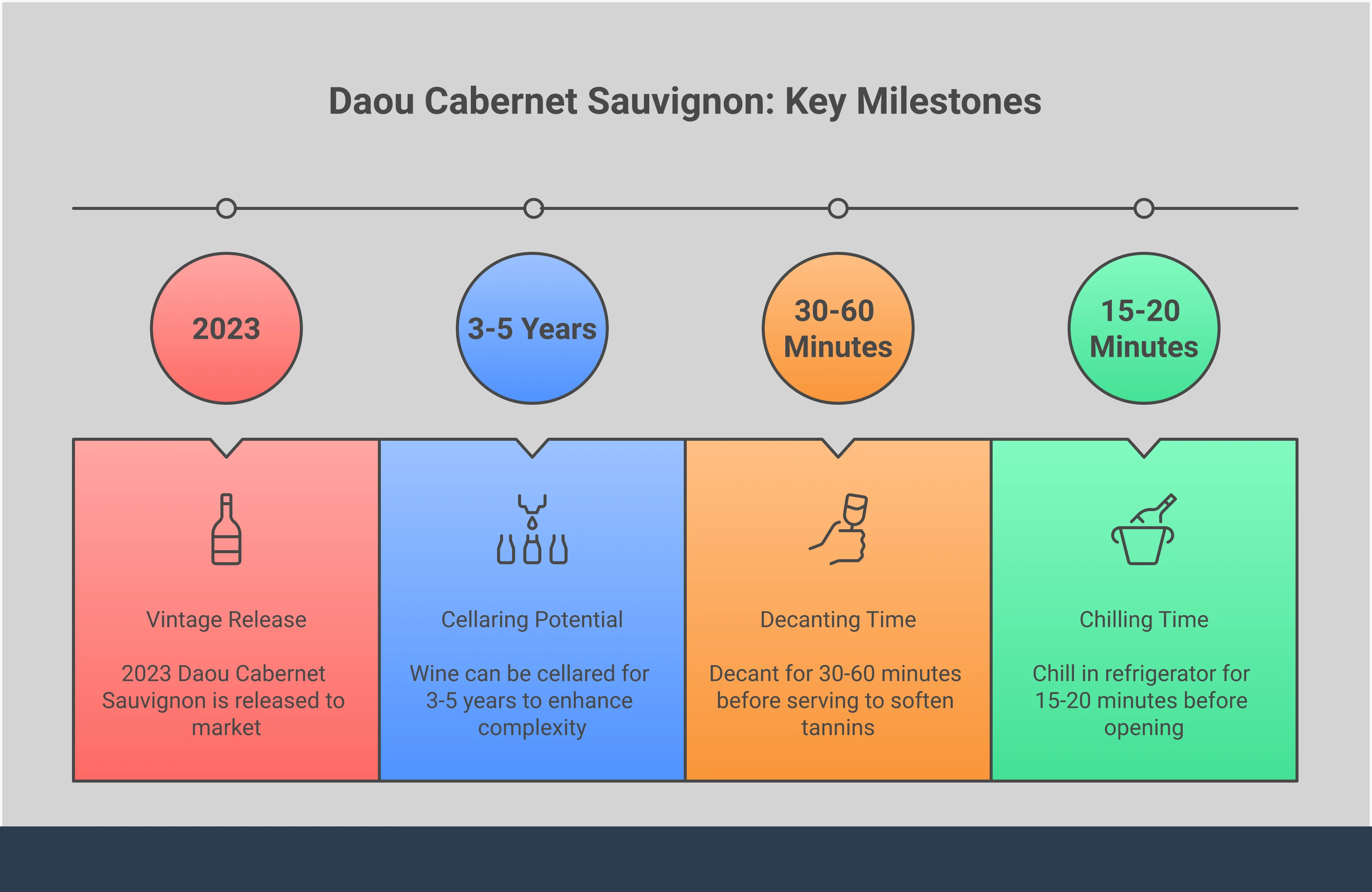 Comprehensive infographic guide to Daou Cabernet Sauvignon featuring tasting notes with black cherry and cassis flavors, optimal serving temperature of 60°F with decanting instructions, food pairing recommendations including grilled meats and aged cheeses, and quality assessment showing 91-point Wine Enthusiast rating. Visual elements include wine glass illustrations, temperature indicators, food pairing icons, and rating badges in professional wine industry styling.