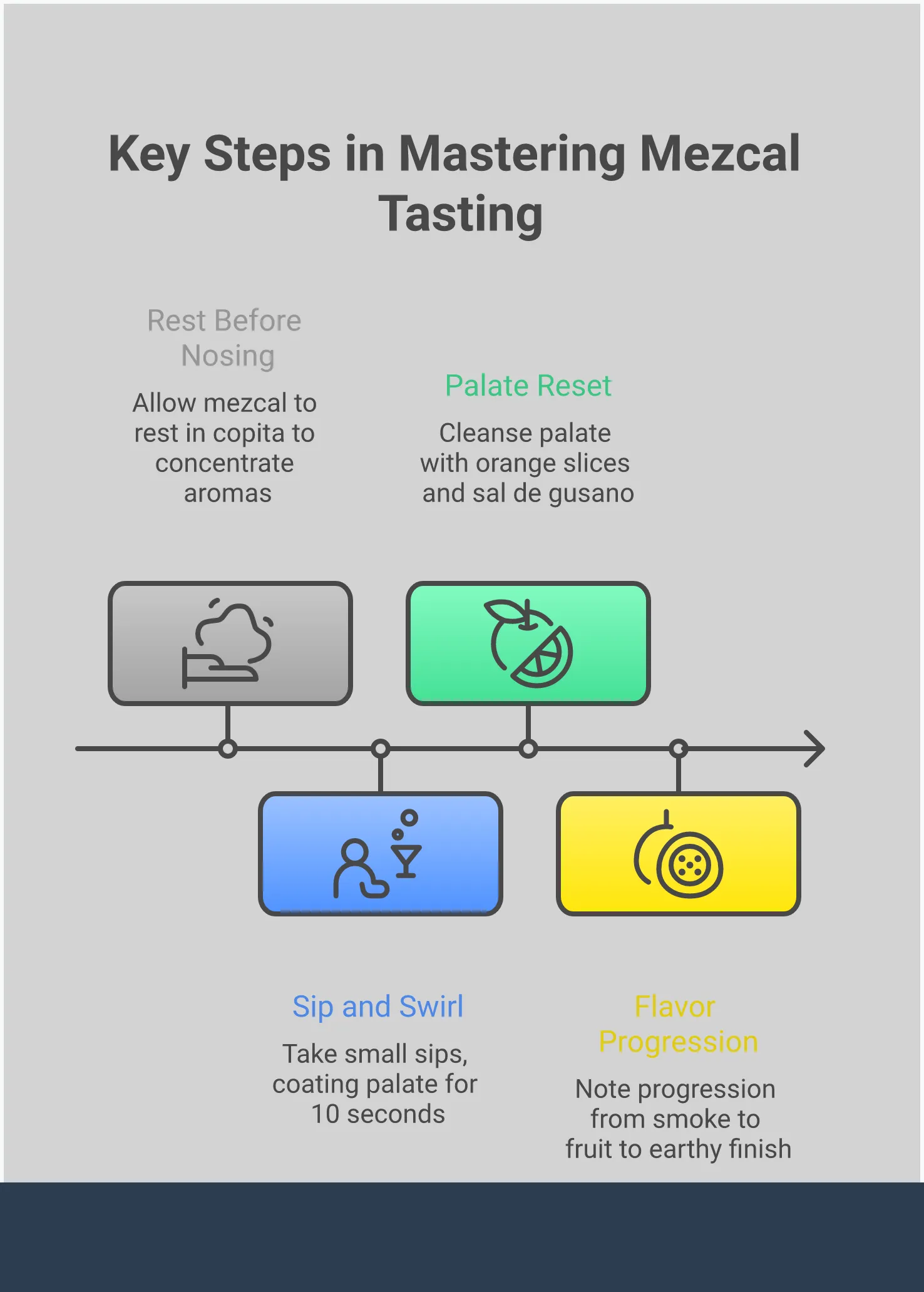 Comprehensive mezcal tasting guide infographic showing label reading techniques, traditional serving methods in clay cups, agave variety flavor profiles from Espadín to wild varieties, and food pairing suggestions including grilled meats, ceviche, and dark chocolate, designed to help enthusiasts appreciate the complex flavors beyond just smokiness in Mexico's artisanal spirit