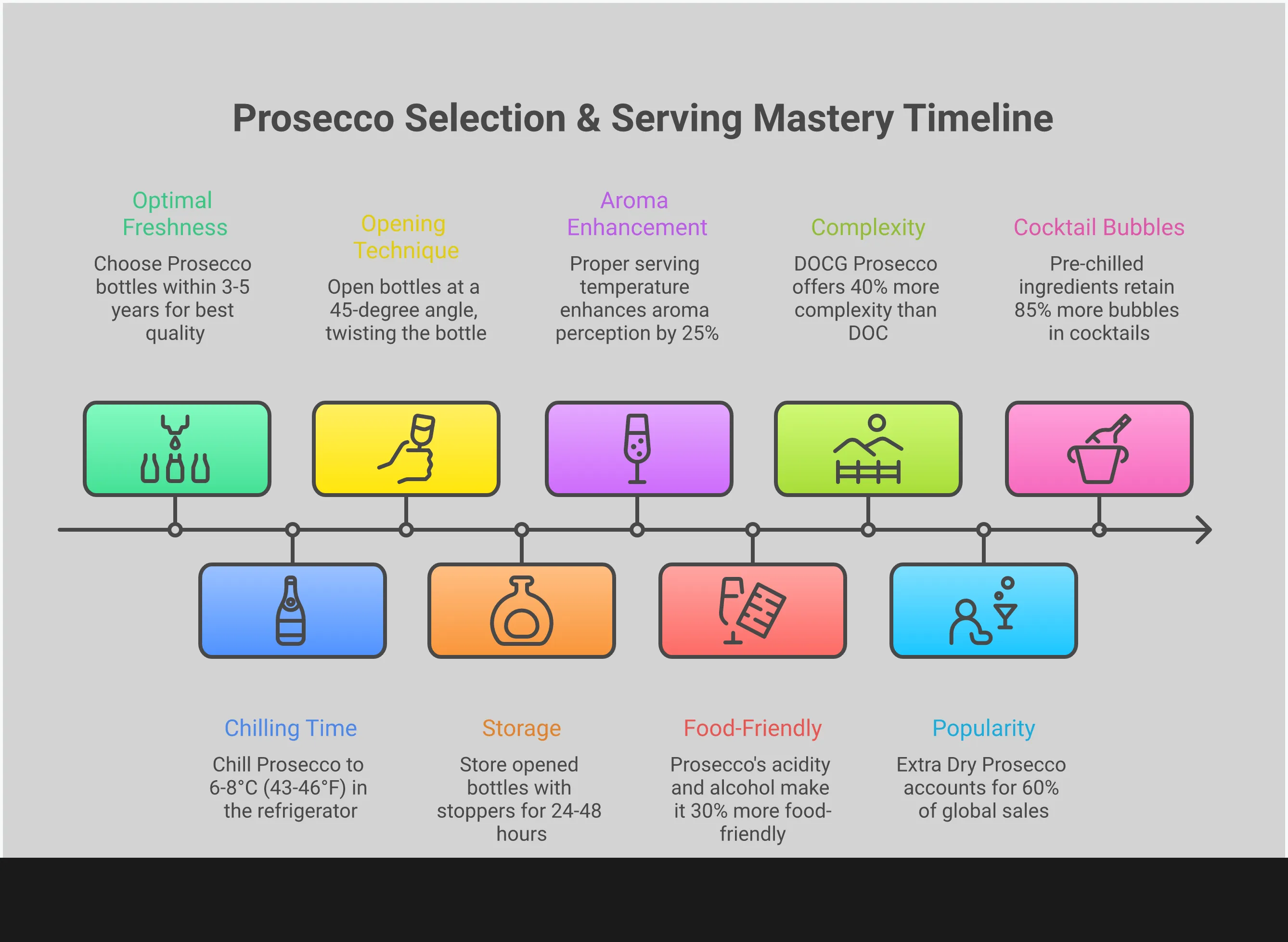 Professional infographic showing Prosecco selection and serving guide with five main sections: quality label identification with DOC/DOCG certifications, sweetness scale from Brut to Dolce with sugar content measurements, proper serving techniques including temperature and glassware, strategic food pairing combinations for different styles, and cocktail creation methods with specific ratios and techniques. Each section includes specific measurements, temperatures, and actionable steps for wine enthusiasts.