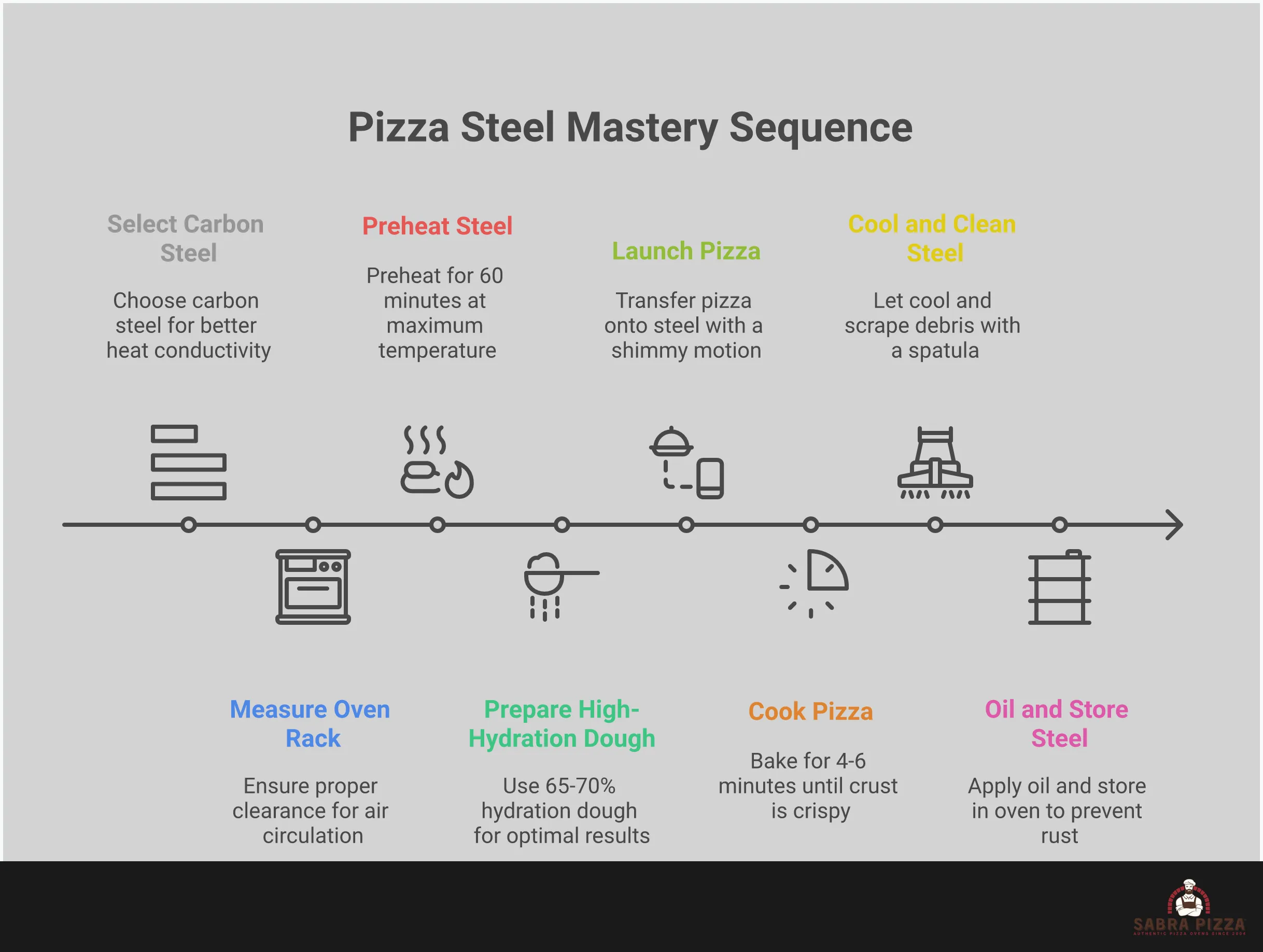 Comprehensive pizza steel guide infographic showing selection criteria with thickness measurements, one-hour preheat protocol with temperature settings, high-hydration dough preparation techniques, multi-purpose cooking applications including bread and searing, and maintenance procedures for long-term care. Features step-by-step visual instructions for achieving pizzeria-quality results at home.
