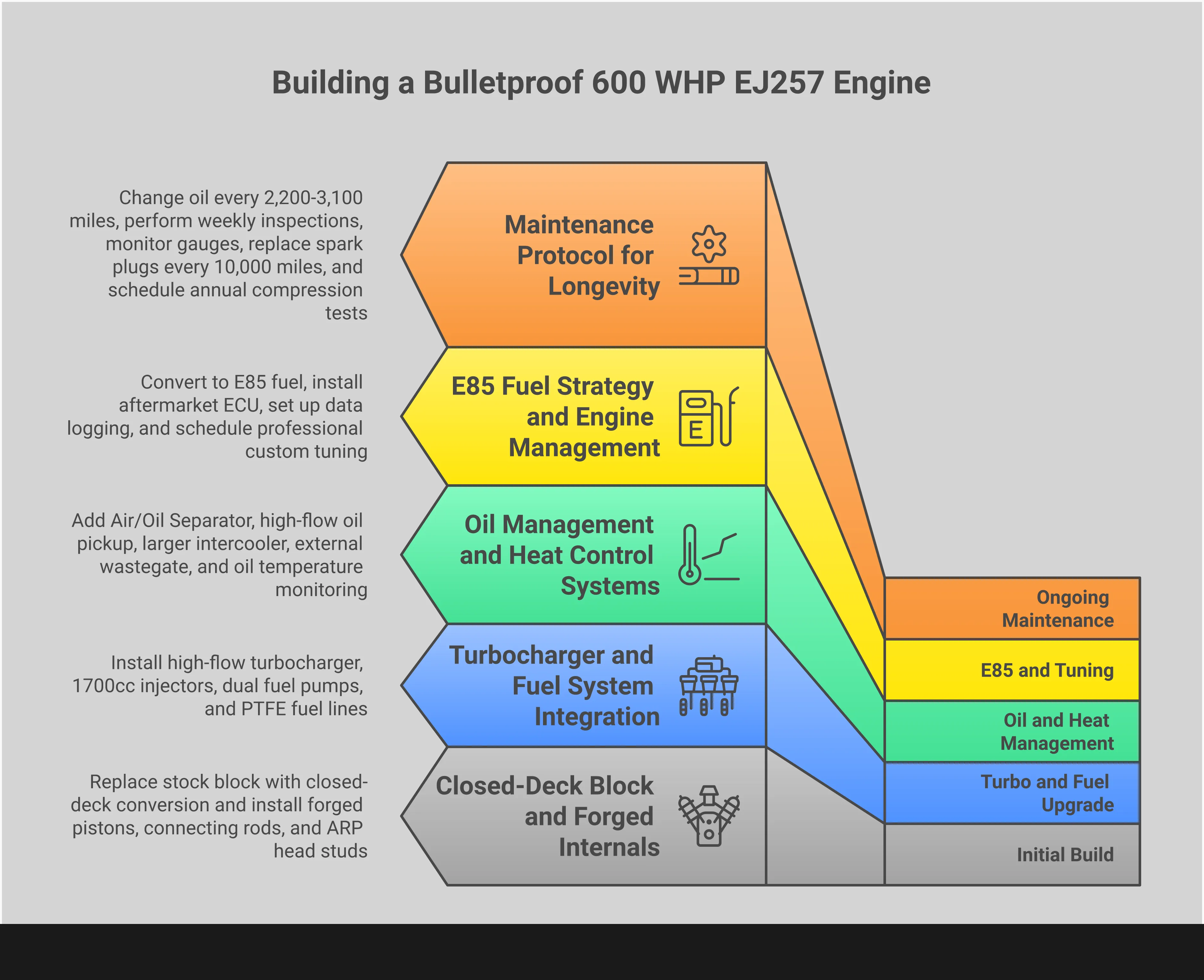Comprehensive infographic showing the five critical areas for building a reliable 600 wheel horsepower Subaru EJ257 engine, including closed-deck block modifications, turbocharger and fuel system integration, oil management systems, E85 fuel strategy with engine management, and strict maintenance protocols for longevity