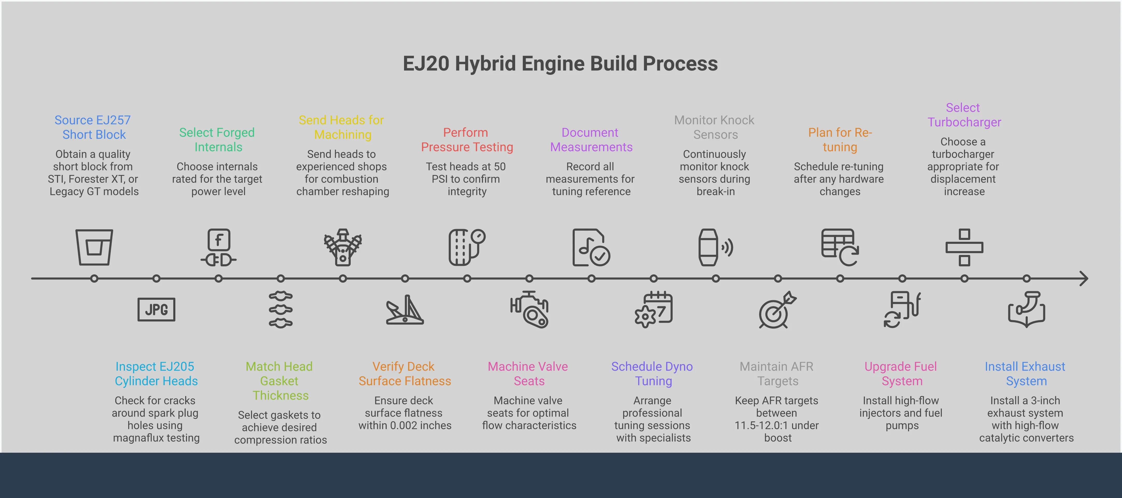 Comprehensive infographic detailing EJ20 hybrid engine build process, showing compression management techniques, component selection criteria, machining requirements, ECU tuning protocols, and supporting system upgrades with specific measurements, part numbers, and professional recommendations for Subaru performance builds