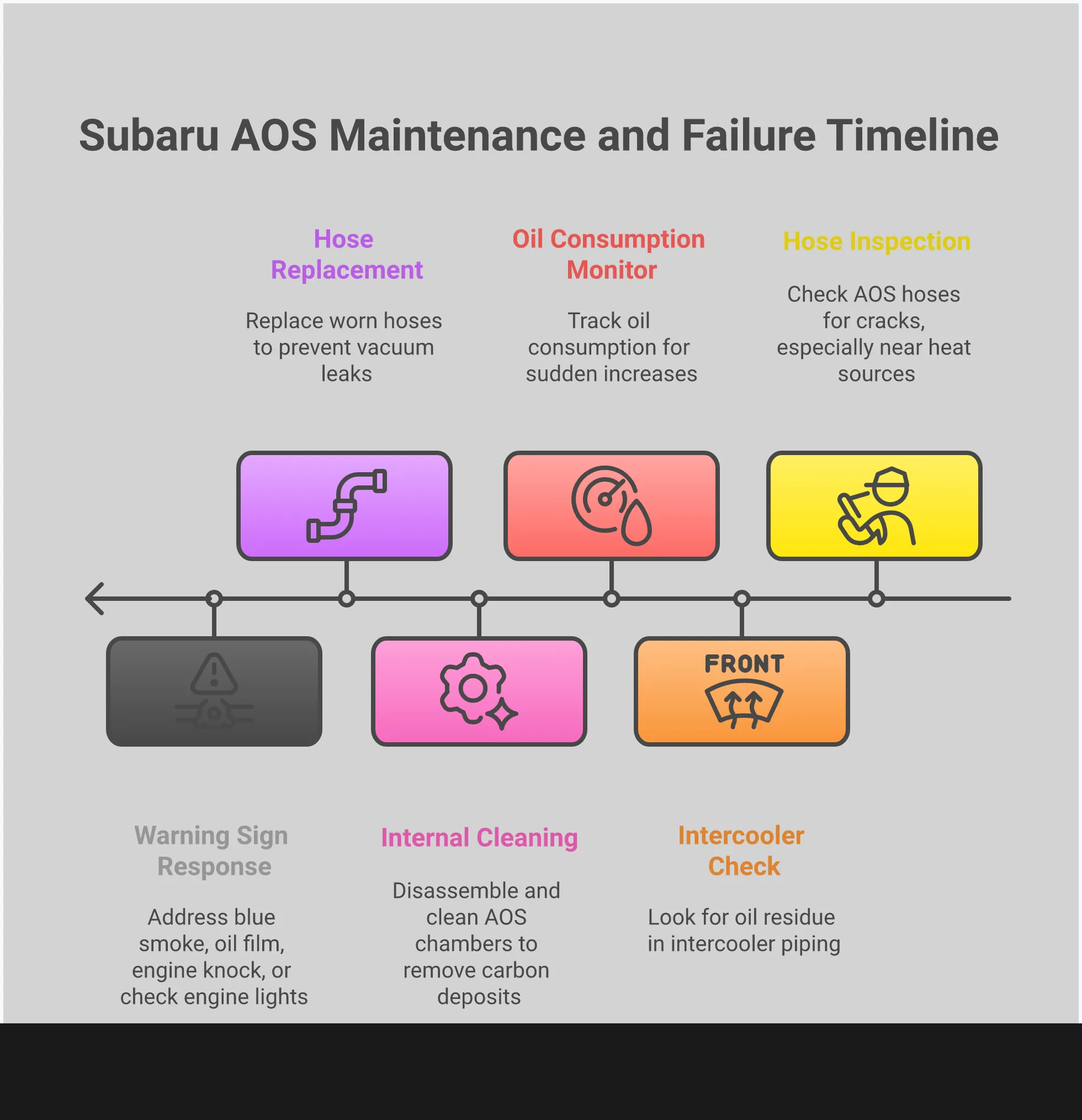 Essential Air Oil Separator Guide for Subaru Engines Comprehensive infographic showing Air Oil Separator installation, maintenance, and failure prevention for Subaru WRX, STI, and Forester XT engines. Features detailed technical diagrams of heated AOS systems, proper hose routing techniques, maintenance schedules, and warning signs of system failure to prevent catastrophic engine damage.