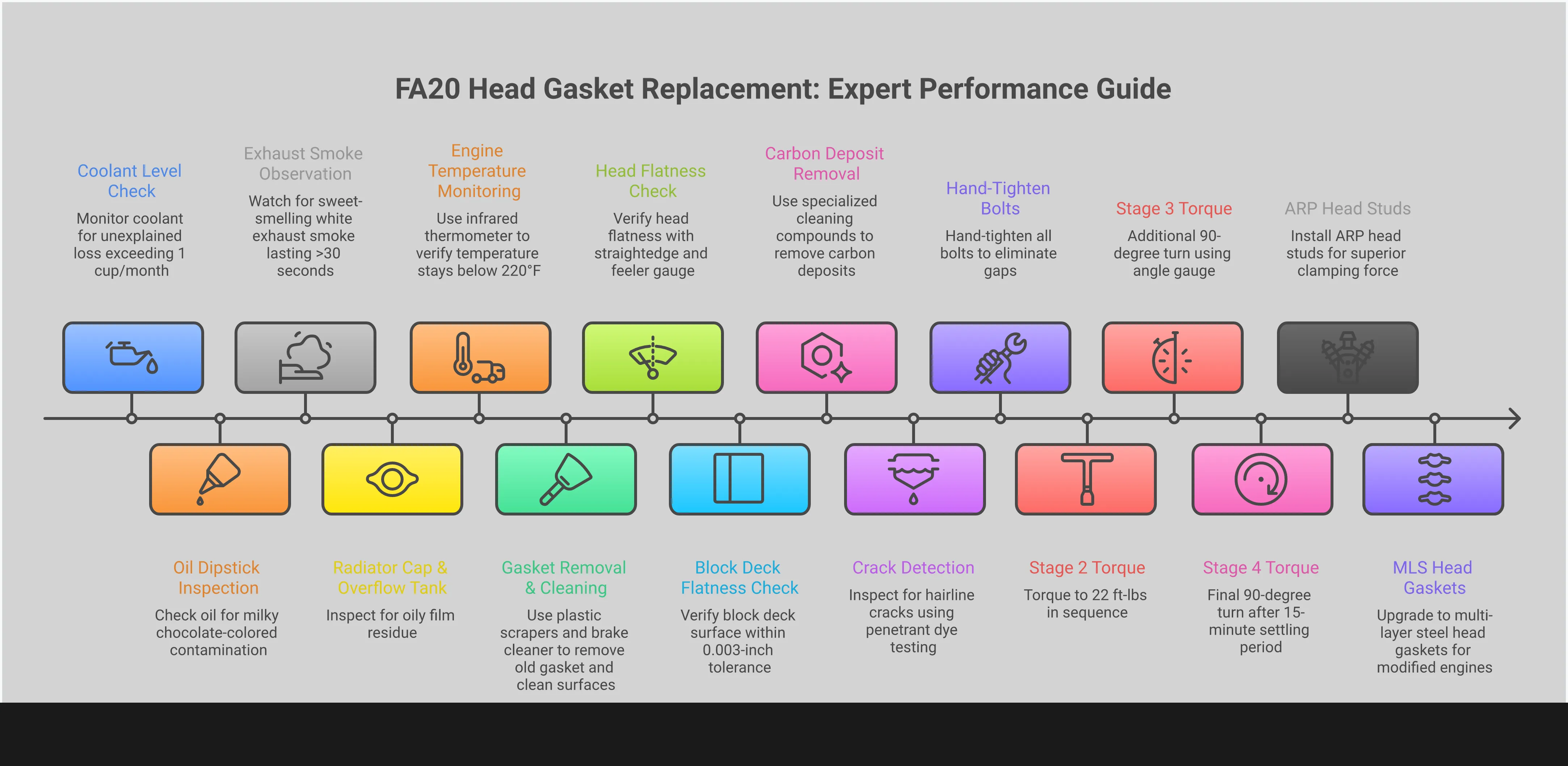 Comprehensive infographic showing FA20 head gasket replacement process with five main sections: warning signs detection with temperature monitoring, surface preparation using precision tools, proper torque sequence execution in stages, performance upgrade integration including ARP studs and cooling improvements, and post-installation verification with pressure testing. Each section includes specific tools, measurements, and procedures for professional-quality results.