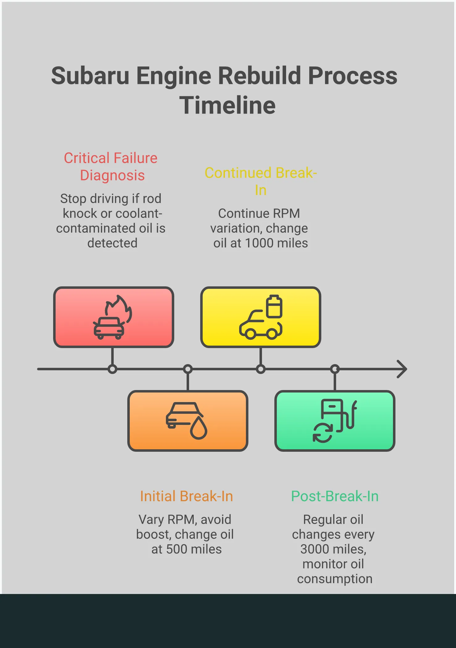 Professional infographic showing Subaru engine rebuild process from failure diagnosis through performance upgrades and break-in procedures. Features technical diagrams of engine components, torque specifications, measurement tools, and step-by-step assembly guidance. Includes visual indicators for critical failure signs like rod knock and coolant contamination, precision measurement techniques with Plastigauge and feeler gauges, forged component upgrades, and break-in monitoring protocols.