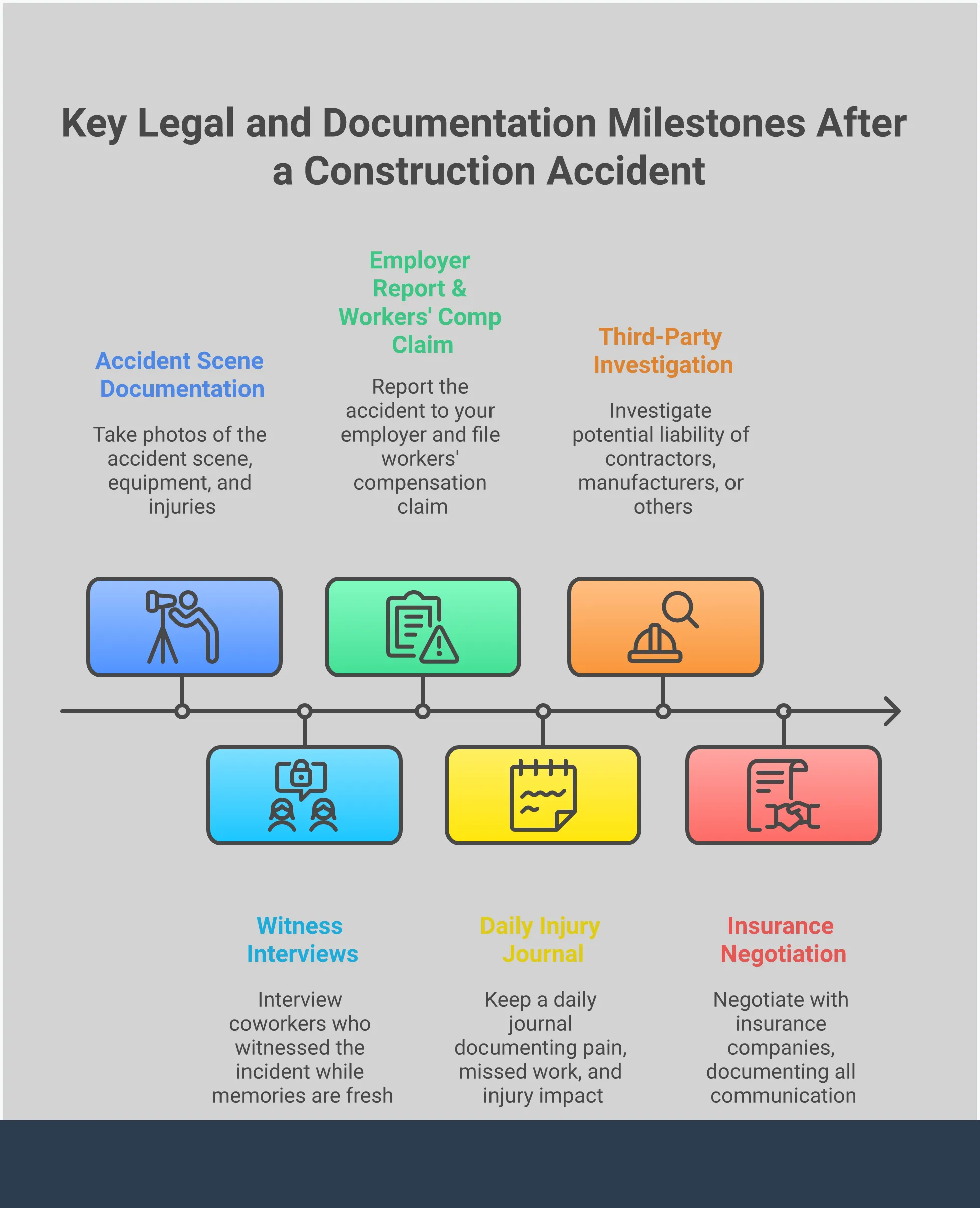 Construction Accident Legal Strategy Guide Professional infographic showing construction accident legal strategy with four main sections: immediate documentation protocol with camera and paperwork icons, third-party liability investigation checklist with contractor and equipment symbols, workers' compensation versus personal injury strategy comparison with legal scales, and insurance negotiation tactics with handshake and document icons. Each section includes specific timeframes, percentages, and actionable steps in a clean, professional layout with construction-themed visual elements.
