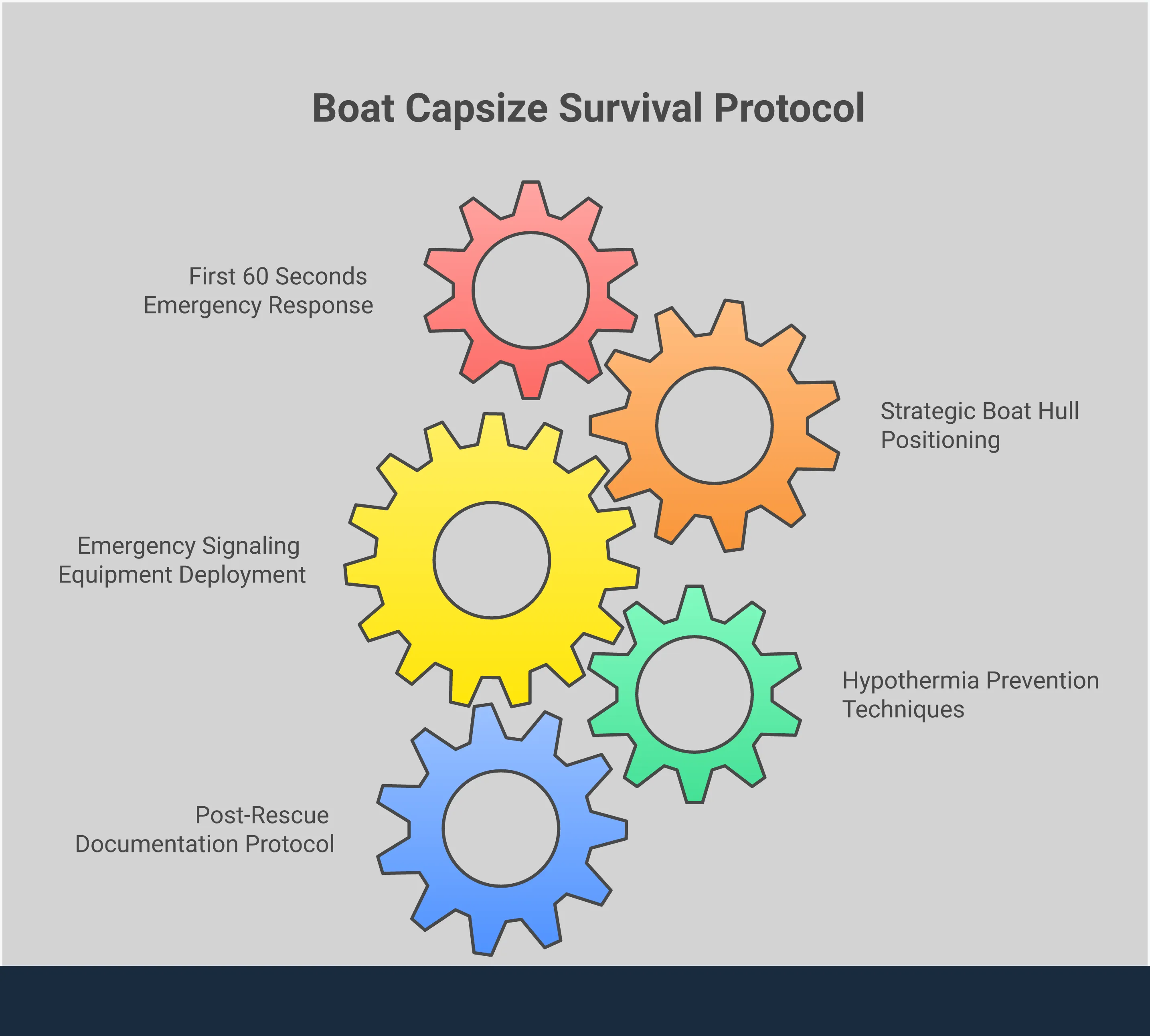 Comprehensive boat capsize survival infographic showing five critical sections: First 60 seconds emergency response with headcount and life jacket procedures, strategic boat hull positioning techniques for maximum body heat retention, emergency signaling equipment deployment including EPIRB and VHF radio protocols, hypothermia prevention techniques featuring HELP position and group huddling strategies, and post-rescue documentation protocol for insurance and legal protection. Each section contains specific tools, timeframes, and survival statistics with professional maritime safety styling.