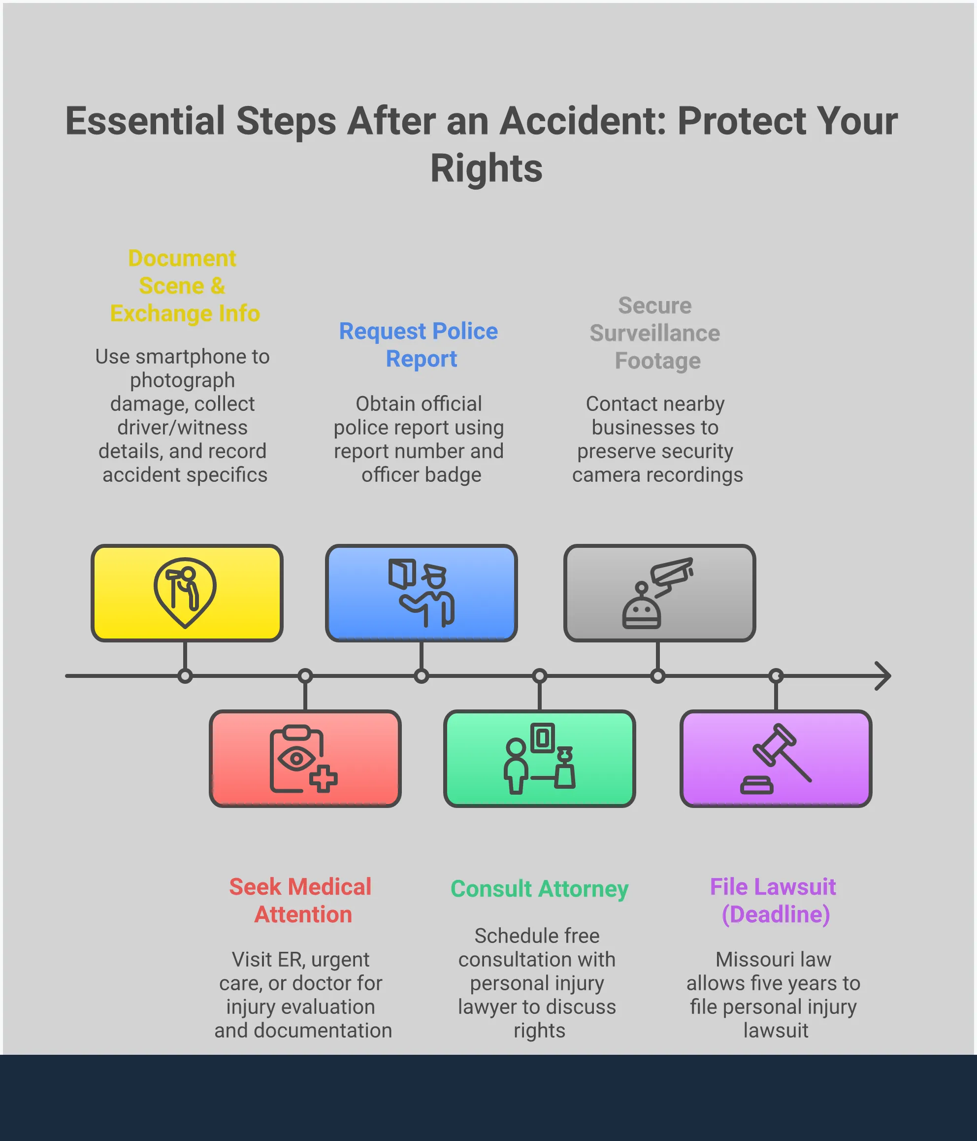 Essential Steps After an Accident: Protect Your Rights Infographic showing five essential steps to take after an accident: documenting the scene with photos and witness information, seeking medical attention within 24 hours, handling insurance communications strategically by avoiding recorded statements, preserving critical evidence like police reports and surveillance footage, and understanding legal rights including Missouri's five-year statute of limitations and comparative fault laws. Each section includes specific timeframes and actionable steps to protect accident victims' rights and strengthen their potential claims.