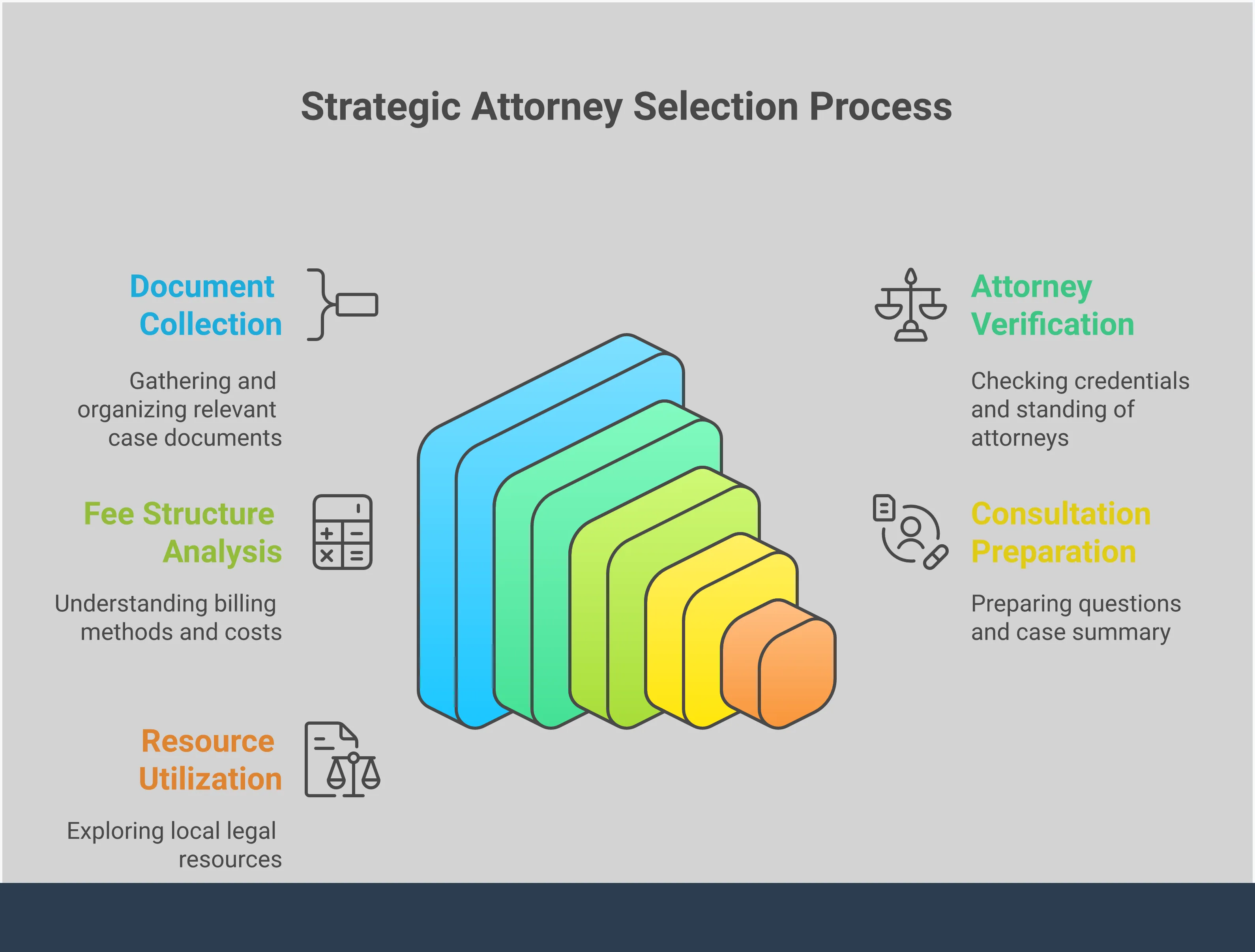 Professional infographic showing a strategic 5-step process for finding qualified legal representation in Springfield, Missouri. Features organized sections on document preparation, attorney verification, fee analysis, consultation planning, and local resource utilization. Each section includes specific tools, websites, and actionable steps with key statistics and success metrics. Uses clean typography and professional color scheme suitable for legal guidance materials.