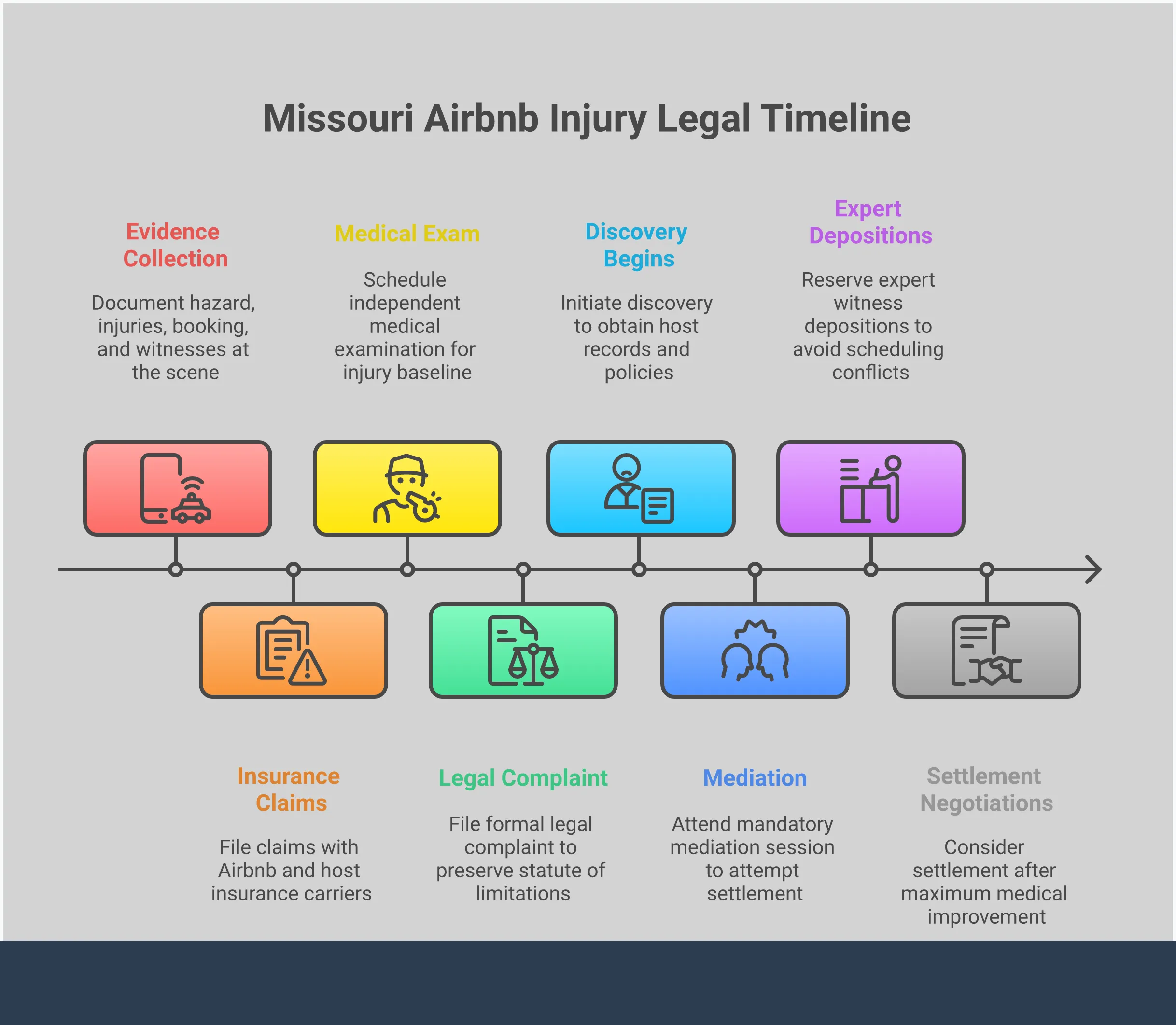 Missouri Airbnb Injury Claims: Your Legal Action Plan Comprehensive infographic showing the step-by-step legal process for Missouri Airbnb injury claims, including evidence collection protocols, comparative negligence calculations, insurance investigation strategies, premises liability proof requirements, and critical legal timelines. Features professional layout with clear action items and specific legal requirements for each phase of the claims process.