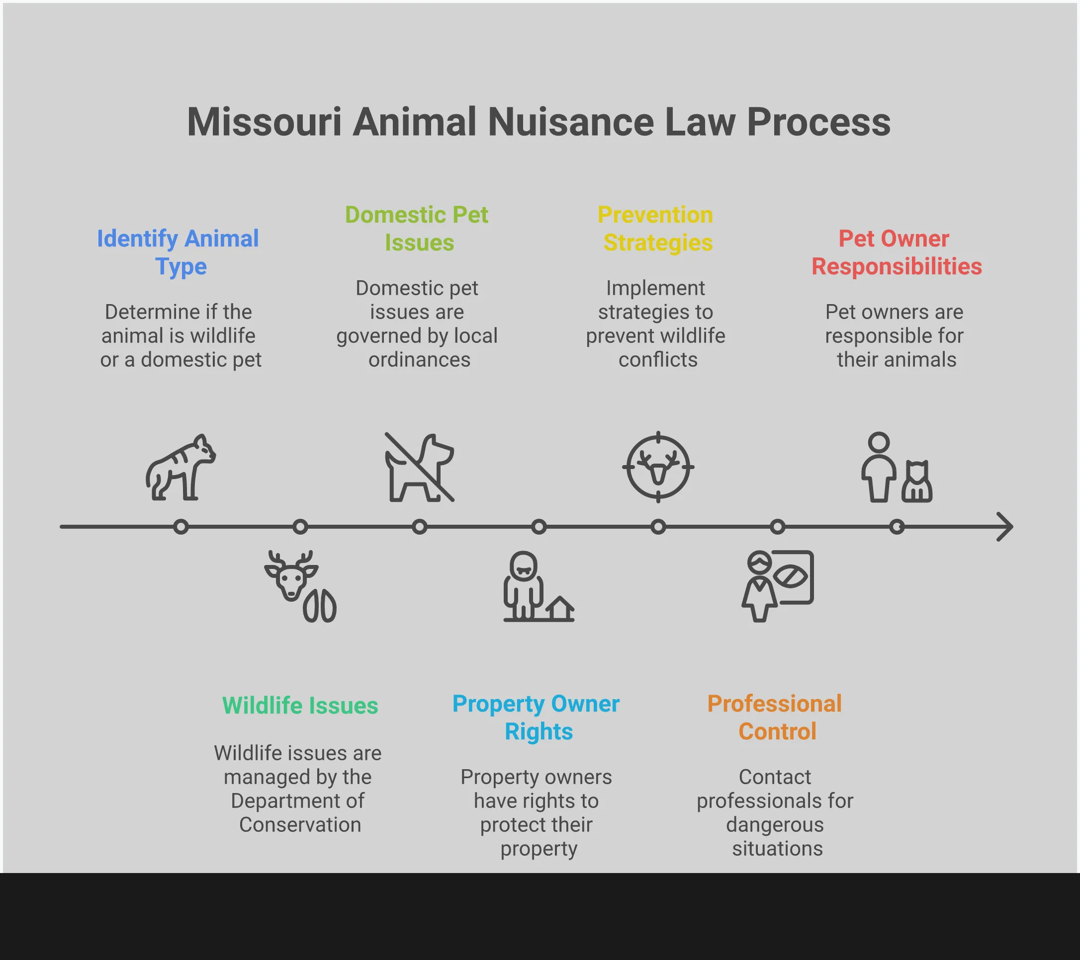 Missouri Animal Nuisance Laws: Wildlife vs. Pets Comprehensive infographic detailing Missouri's animal nuisance laws, showing the legal distinction between wildlife and domestic animals, property owner rights for wildlife control, prevention strategies using barriers and habitat modification, guidelines for hiring professional wildlife services, and pet owner legal responsibilities including liability for damages and local ordinance compliance.