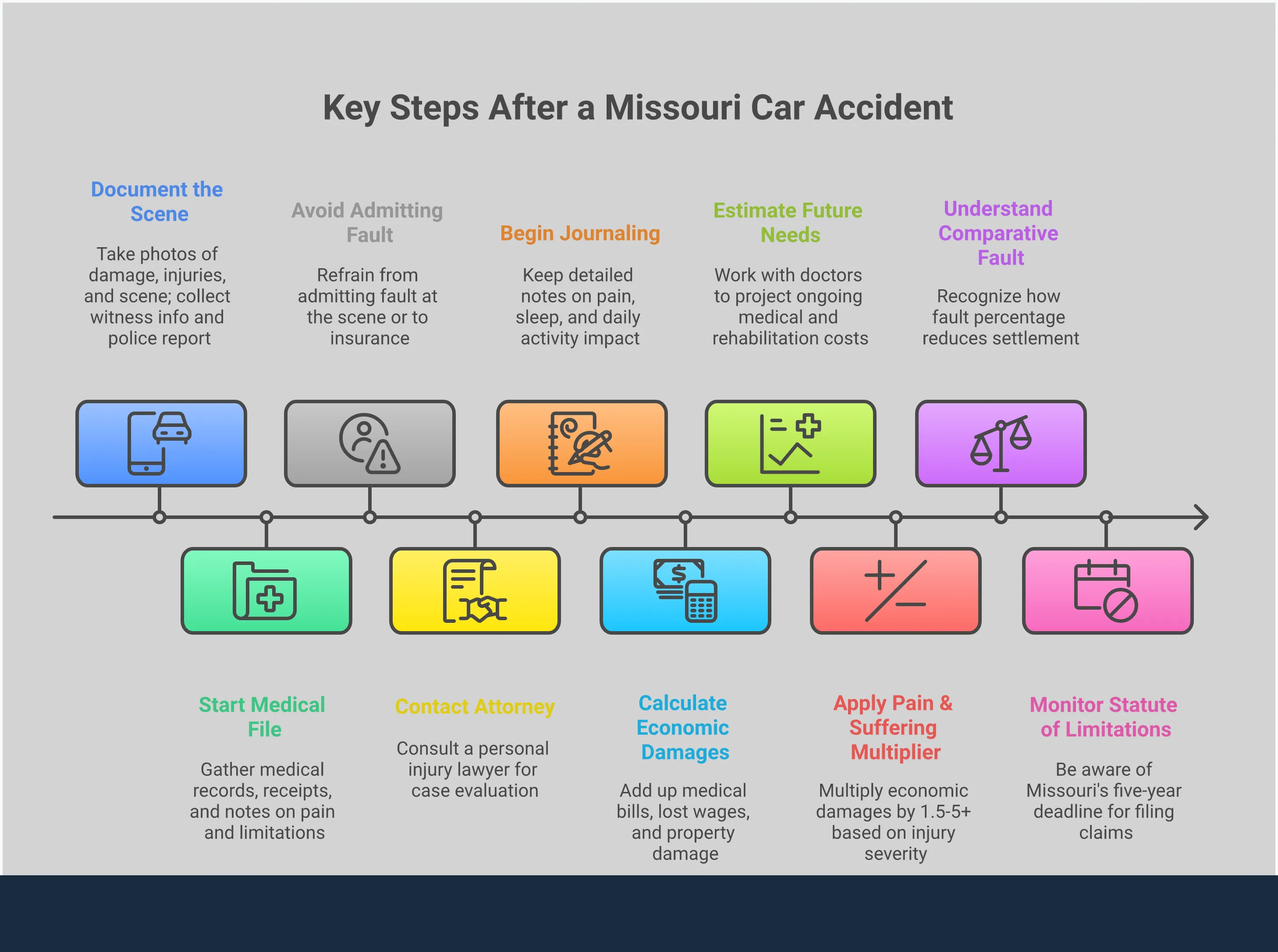 Missouri Car Accident Settlement Value Calculator Comprehensive infographic showing Missouri car accident settlement calculation methods, including documentation requirements, economic damage calculations, pain and suffering multipliers, comparative fault impact, and criteria for hiring legal representation. Features specific examples, percentage ranges, and actionable steps for maximizing settlement value after a vehicle crash.