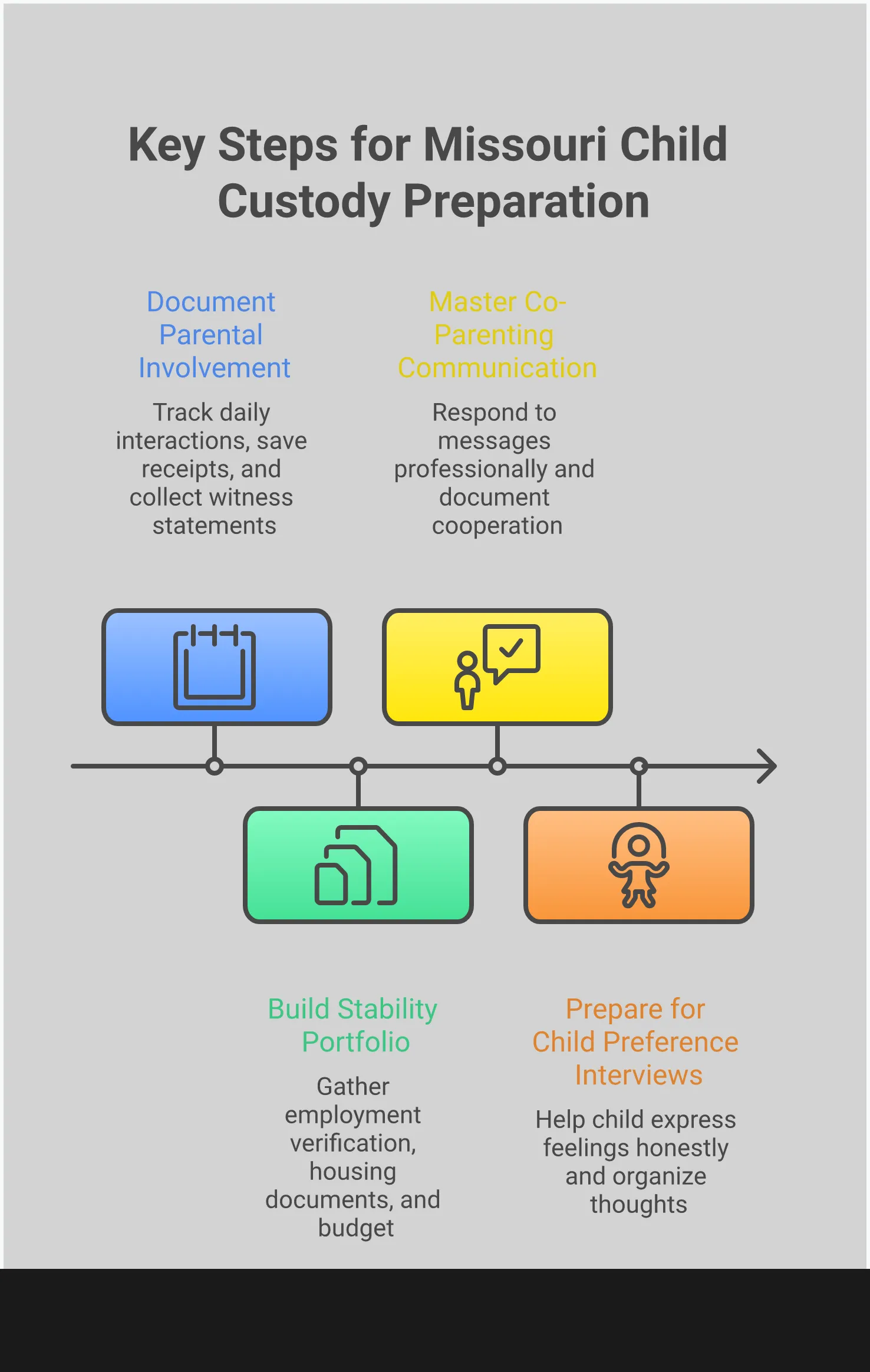 Missouri Child Custody: What Judges Actually Consider Professional infographic showing four key strategies for Missouri child custody cases: documenting parental involvement through detailed logs and evidence, mastering co-parenting communication using apps and professional language, building a stability portfolio with employment and housing documentation, and preparing children for preference interviews with age-appropriate guidance. Each section includes specific tools, timeframes, and actionable steps parents can take to strengthen their custody case.
