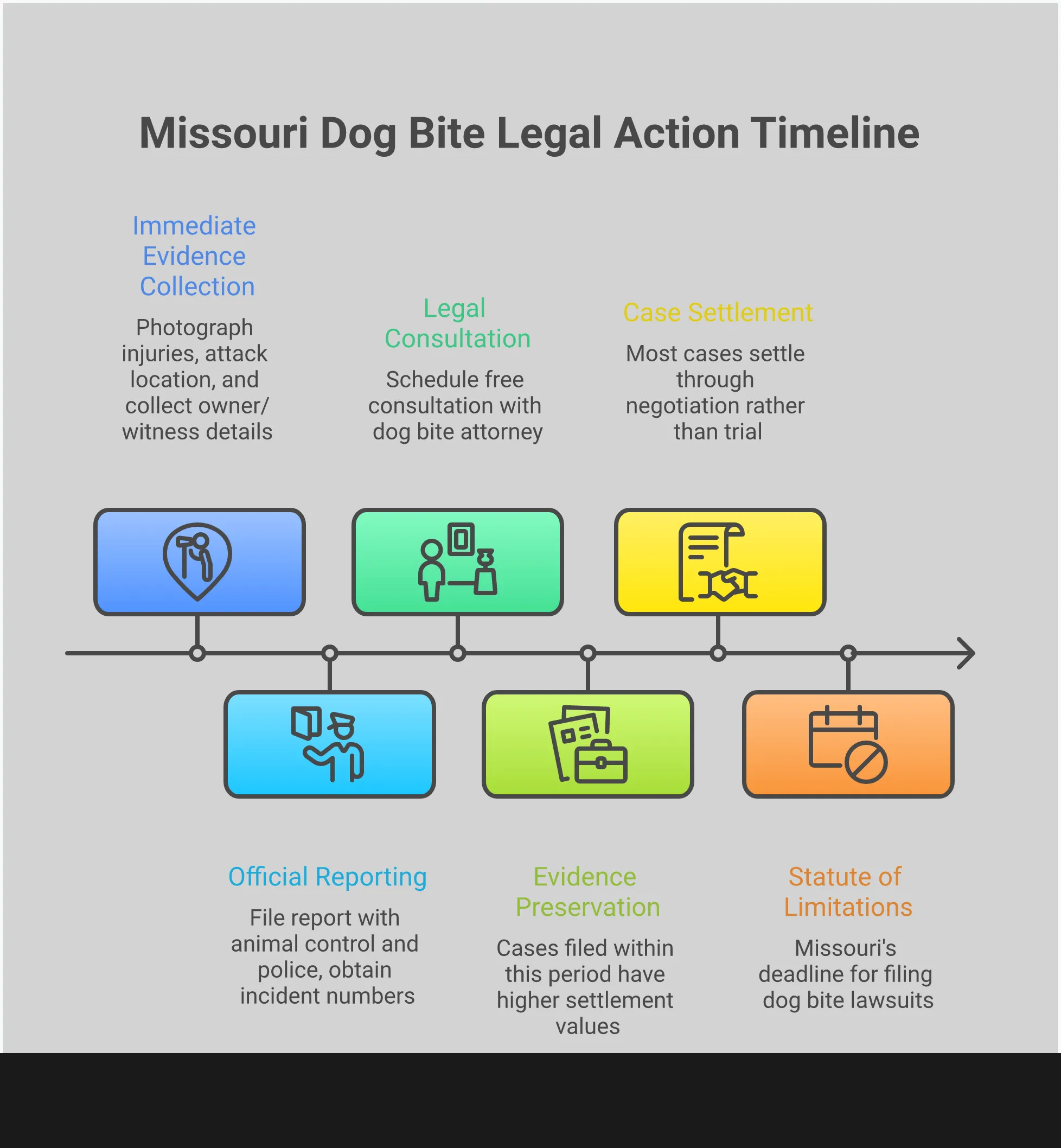 Missouri Dog Bite Legal Action Framework Comprehensive infographic showing Missouri dog bite legal action framework with five main sections: immediate evidence collection protocol with photography and documentation steps, medical documentation strategy including infection statistics, official reporting requirements with animal control procedures, insurance communication management with settlement offer warnings, and legal timeline with statute of limitations and case development milestones. Each section includes specific timeframes, percentages, and actionable steps for dog bite victims to protect their legal rights and maximize compensation under Missouri's strict liability law.