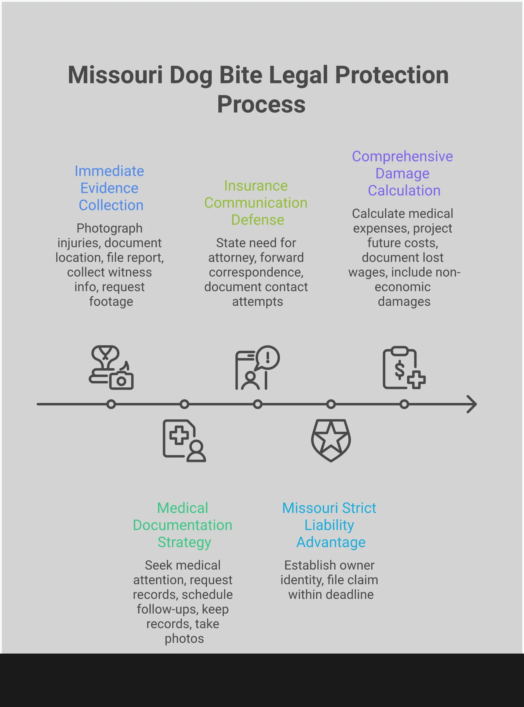Missouri Dog Bite Legal Protection Guide Professional infographic showing Missouri dog bite legal protection steps including evidence collection with camera and documents, medical documentation with hospital symbols, insurance communication defense with phone and shield icons, Missouri state outline with legal scales, and damage calculation with calculator and receipt symbols. Uses blue and gray color scheme with clear step-by-step visual flow.