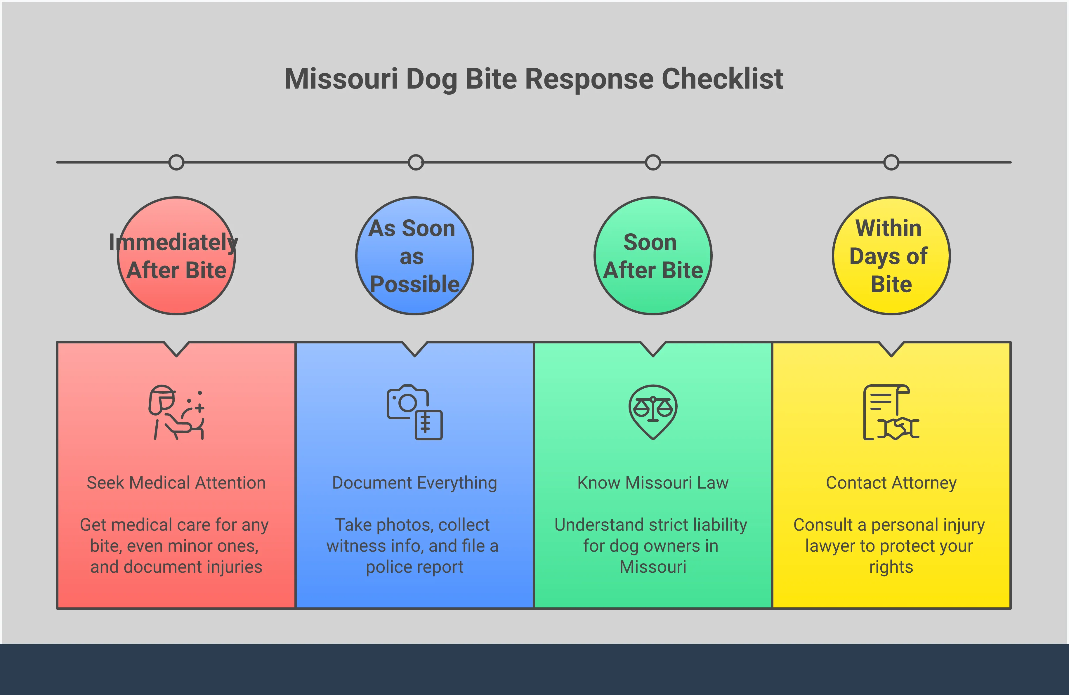 Missouri Dog Bite Response: Protect Your Rights Infographic showing four critical steps for Missouri dog bite victims: seeking immediate medical attention with emphasis on infection prevention, documenting injuries and scene details, understanding Missouri's strict liability law that holds dog owners automatically responsible, and contacting a personal injury attorney for legal protection and maximum compensation.
