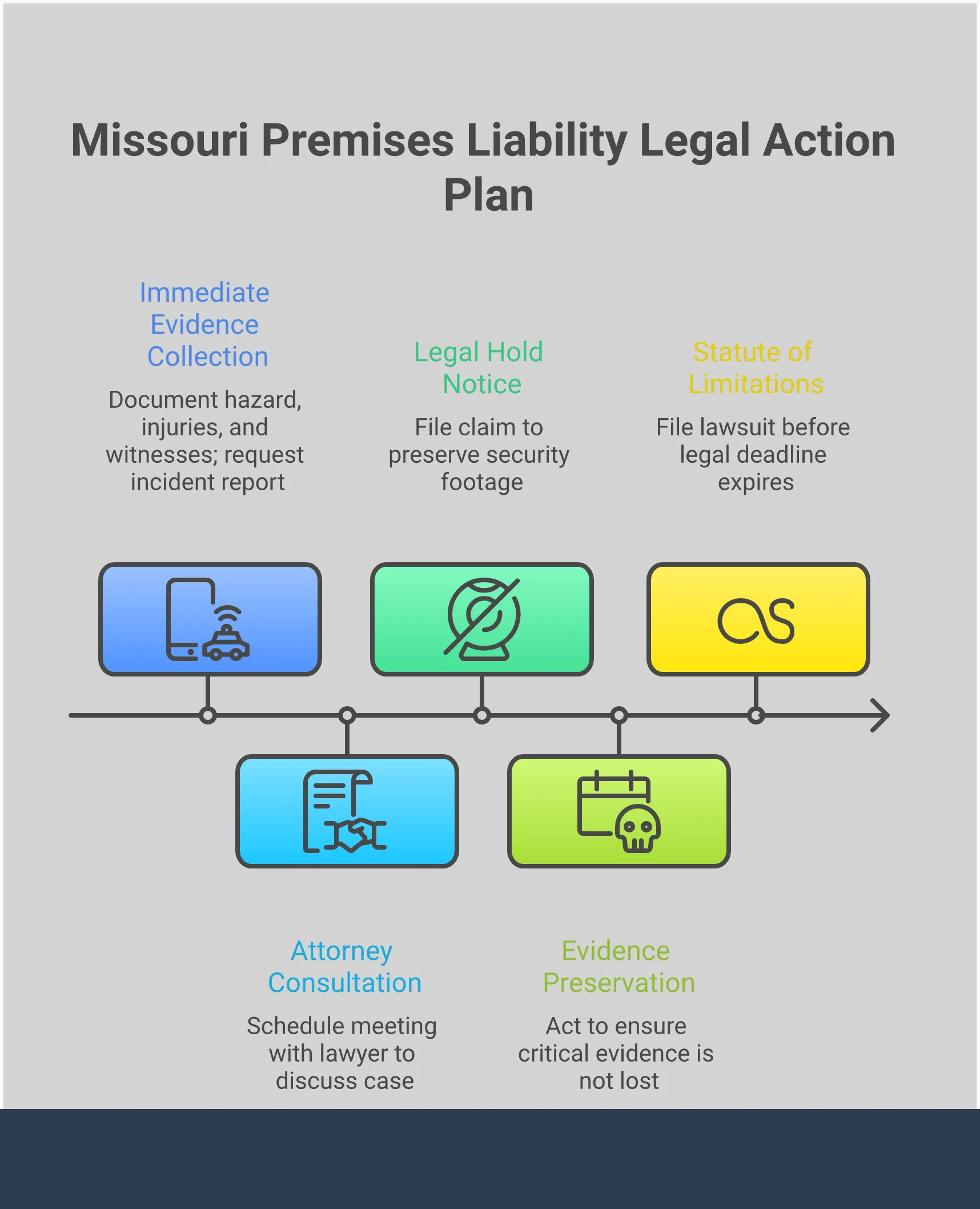 Missouri Premises Liability: Your Legal Action Plan Infographic showing Missouri premises liability legal action plan with four main sections: immediate evidence collection with smartphone documentation and witness information gathering, insurance company communication strategy emphasizing attorney representation, negligence case framework building with four required proof elements, and Missouri legal timeline management showing critical 90-day action window for evidence preservation