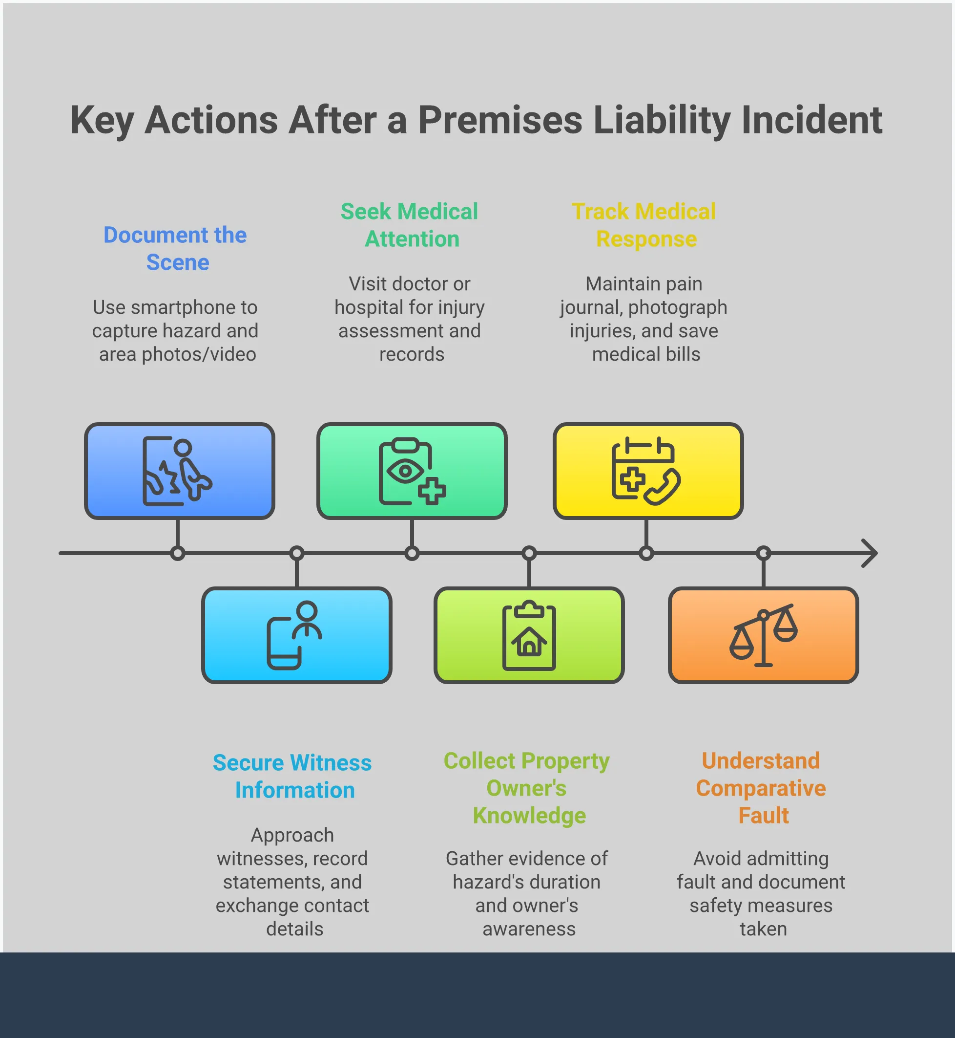 A comprehensive infographic showing the essential steps for collecting evidence after a premises liability injury. The guide covers immediate scene documentation with smartphone photography, securing witness contact information and statements, establishing property owner knowledge of hazards, tracking medical responses and documentation, and understanding Missouri's comparative fault system. Each section includes specific tools, timeframes, and actionable steps with professional icons and clear visual hierarchy to help injury victims protect their legal rights.
