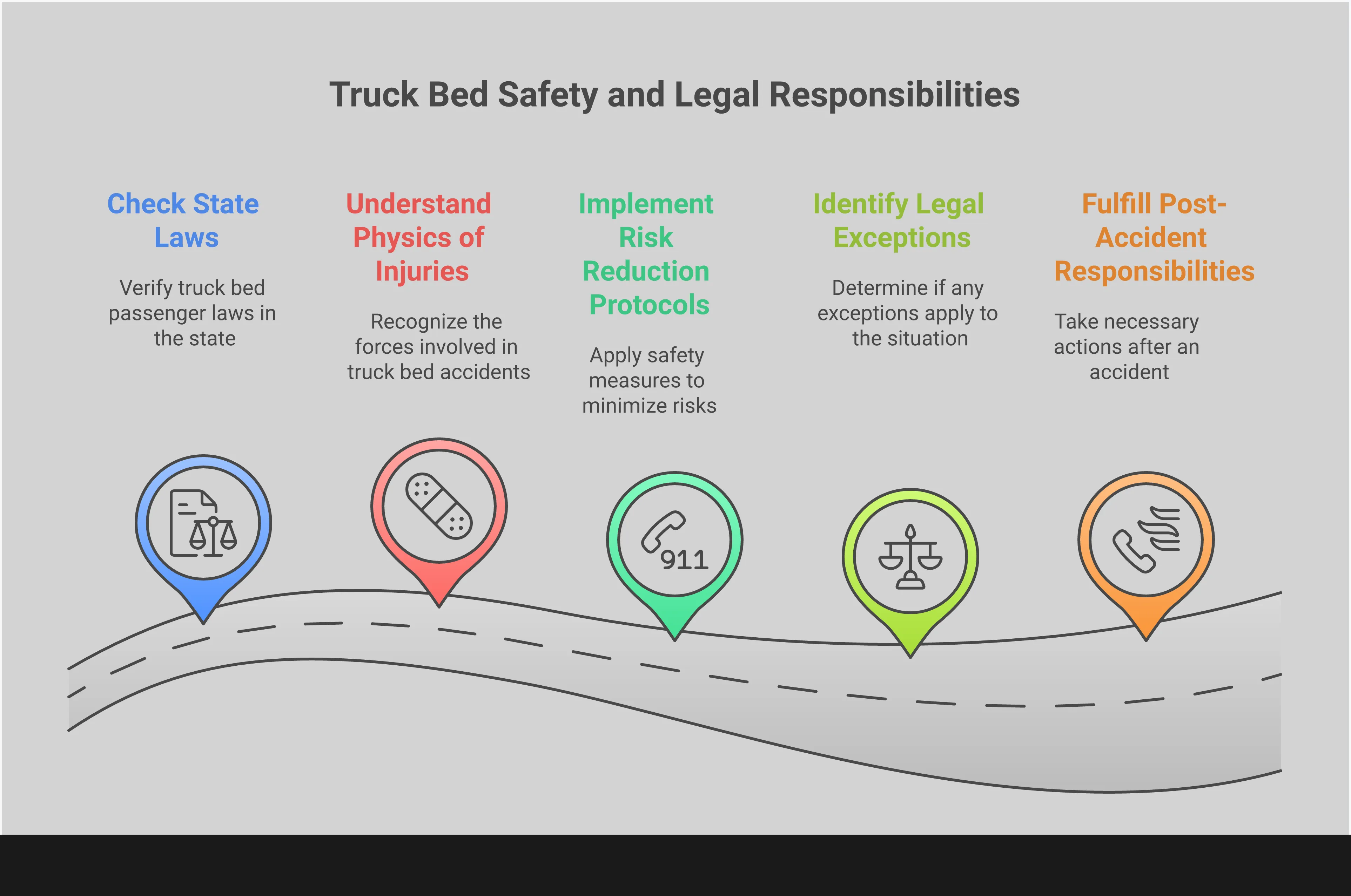 Comprehensive infographic detailing truck bed passenger laws across US states, injury risks from lack of safety features, risk reduction protocols for unavoidable situations, legal exceptions for farming and parades, and post-accident responsibilities including insurance coverage and liability determination
