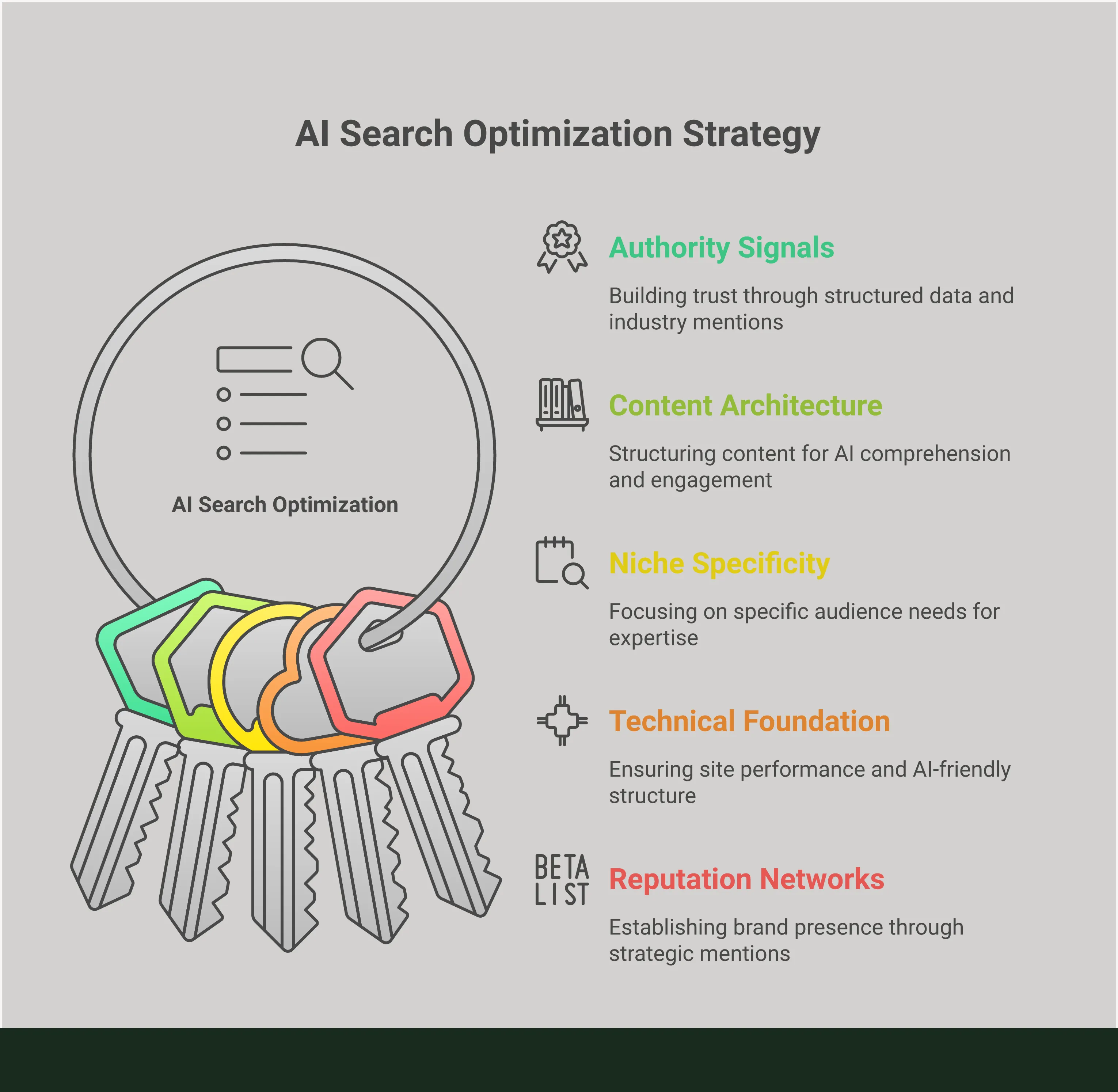 AI Search Optimization: Your Complete Strategy Guide Professional infographic showing AI search optimization strategy with five main sections covering authority building, content architecture, niche specificity, technical optimization, and reputation networks. Each section contains specific tools, metrics, and actionable steps for implementing AI-focused SEO strategies. The design uses clean typography and structured layouts to present complex SEO concepts in an easily digestible visual format.