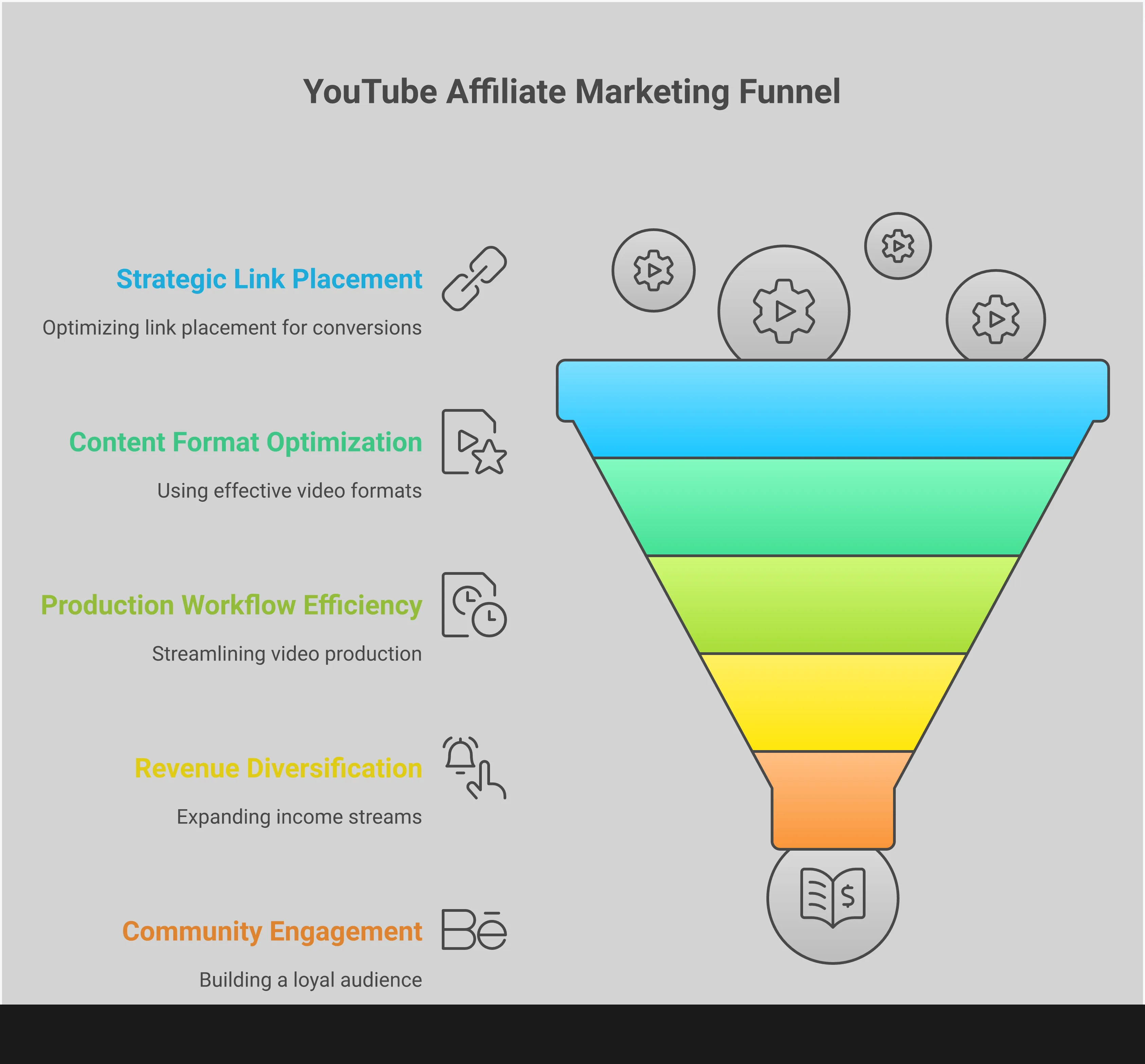 YouTube Affiliate Marketing: From Setup to Scale Professional infographic showing YouTube affiliate marketing strategies with five main sections covering link placement tactics, high-converting content formats, production workflow systems, revenue diversification methods, and community building techniques. Each section includes specific tools, percentages, and actionable steps for creators looking to monetize their channels effectively.