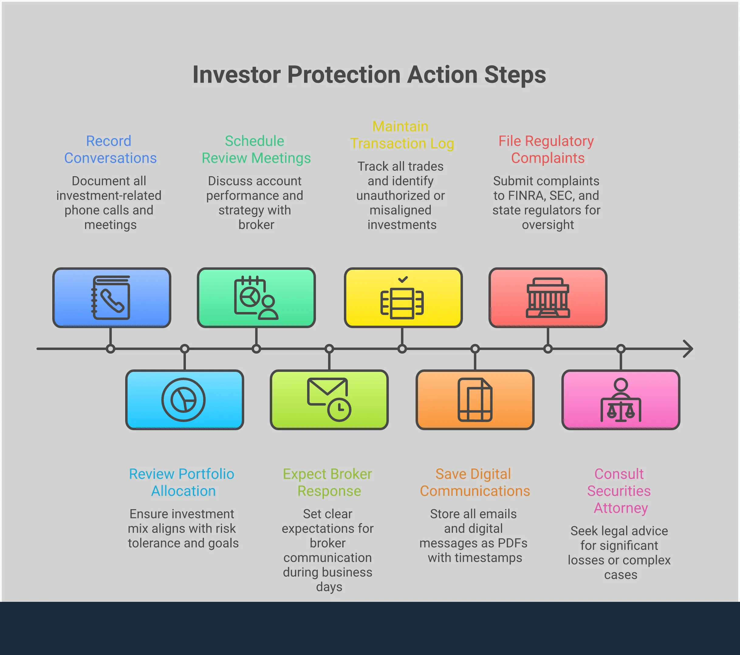 Professional infographic showing four key sections for investor protection: documentation strategies with folder systems and record-keeping methods, identification of unsuitable investment recommendations through portfolio analysis, communication standards and warning signs to monitor, and regulatory complaint filing processes through FINRA and SEC channels. Each section includes specific actionable steps and tools for protecting investment accounts from broker misconduct.