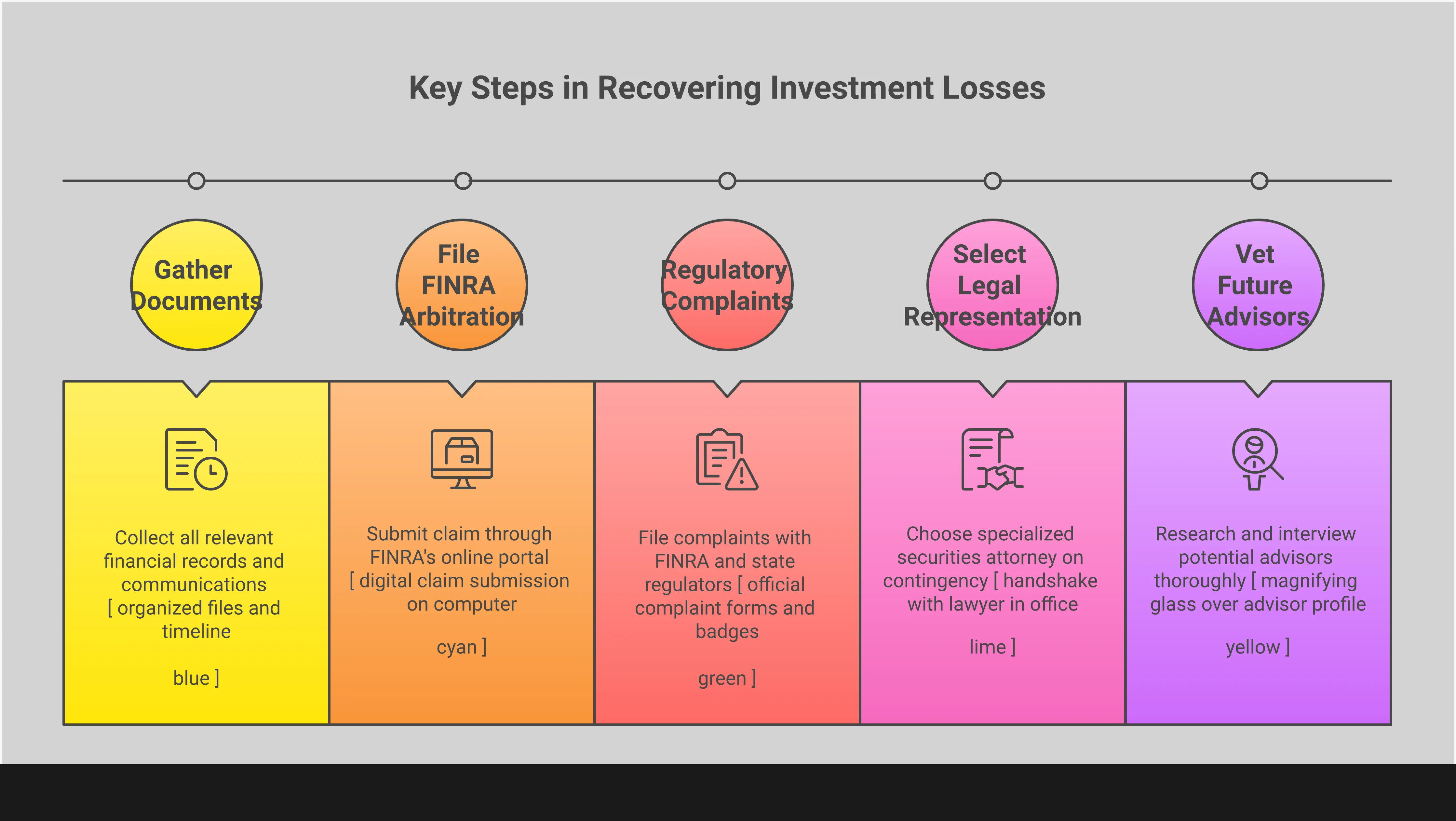 Recovering Investment Losses: Your Action Plan Professional infographic showing a step-by-step process for recovering investment losses through FINRA arbitration. Features five main sections covering document collection, arbitration filing, regulatory complaints, legal representation, and future advisor selection. Each section includes specific statistics and actionable steps. Uses clean typography and professional color scheme with icons representing legal documents, scales of justice, and financial protection.