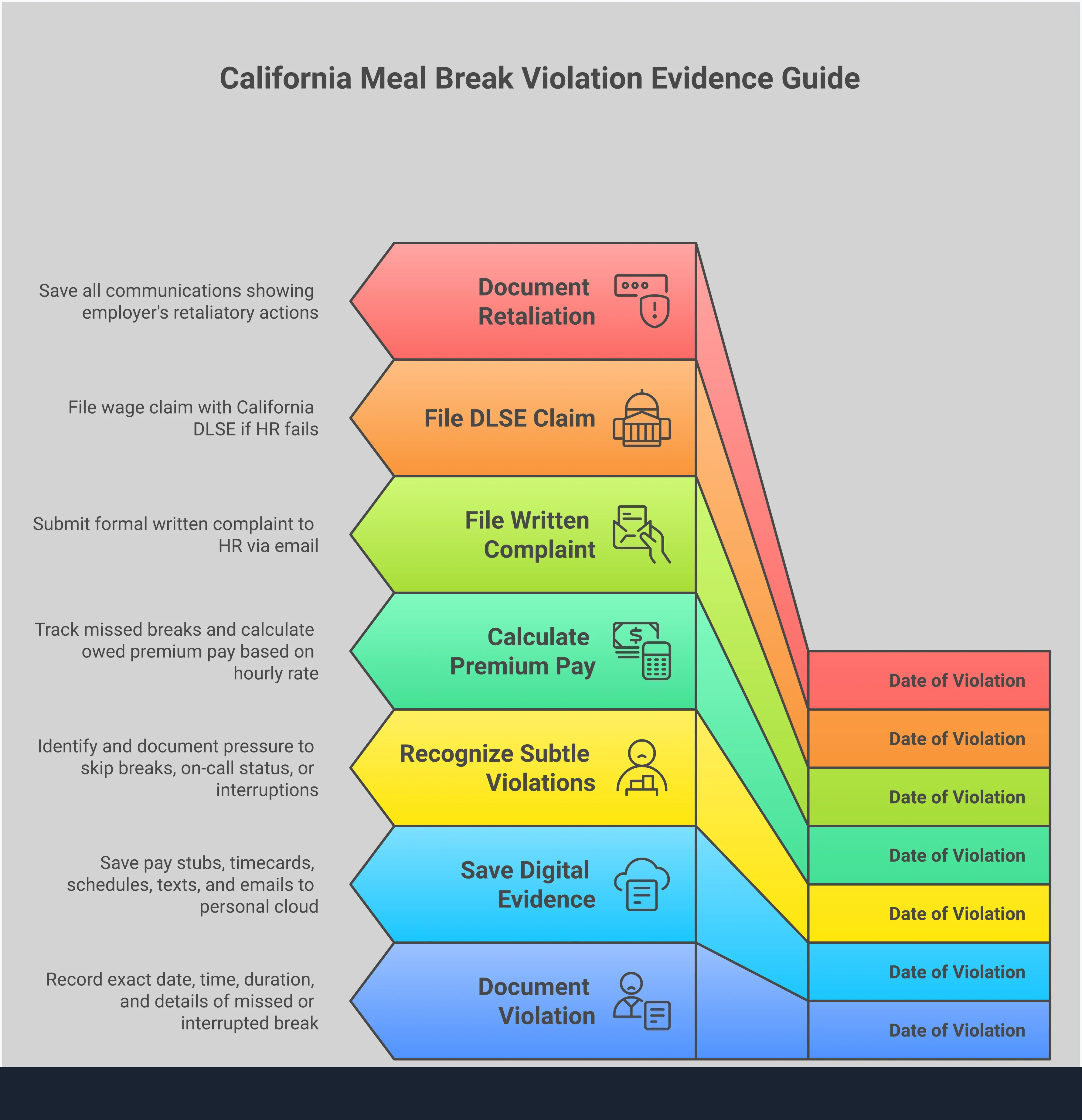 Professional infographic showing California meal break violation documentation process, including logging methods, violation recognition, penalty calculations, and complaint filing procedures with specific legal requirements and protection strategies
