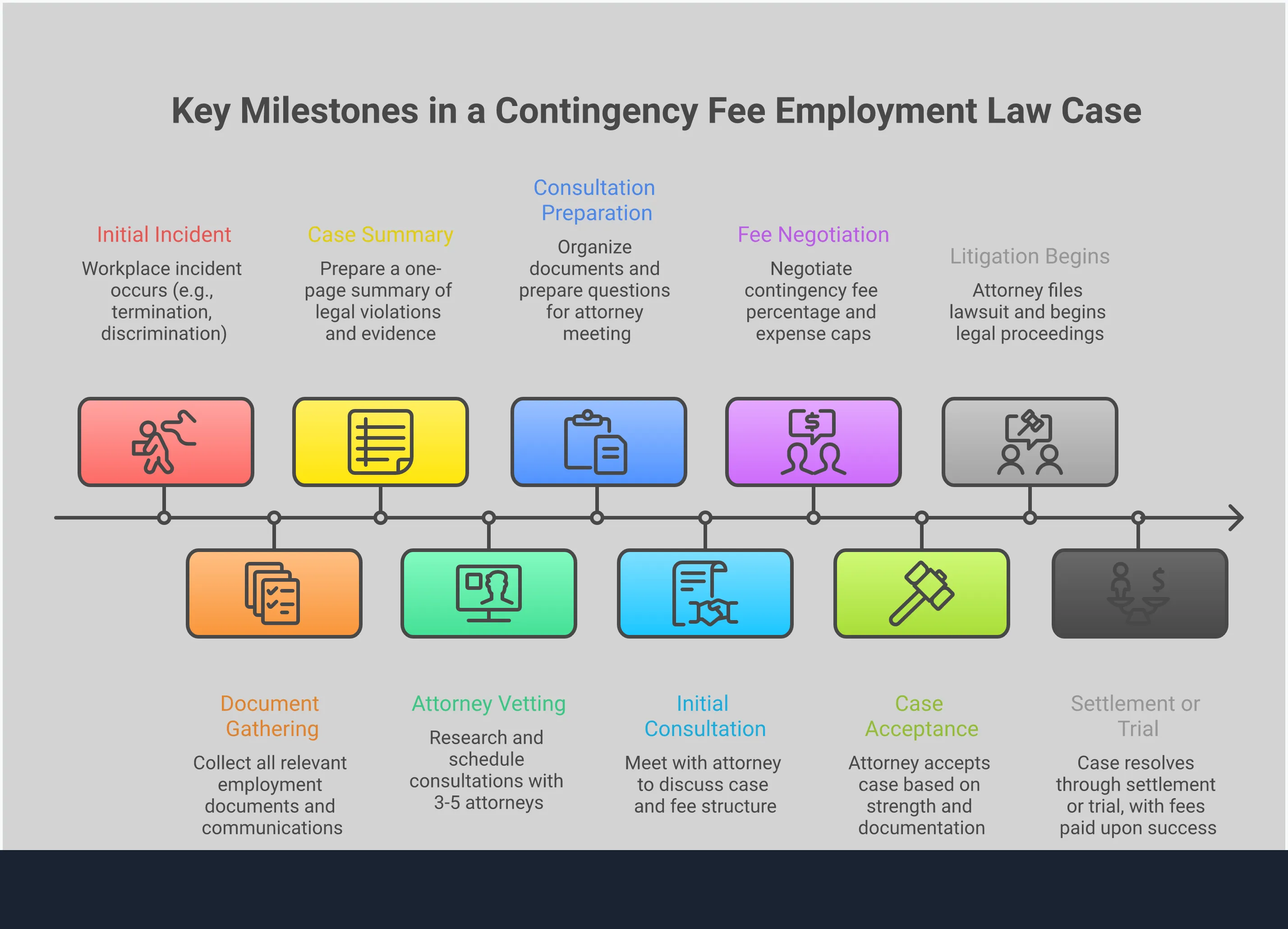 Professional infographic showing the complete process of securing contingency fee employment law representation, including document organization strategies, fee negotiation points, case strength assessment criteria, attorney vetting processes, and consultation preparation checklists with specific percentages and actionable steps for employees seeking legal representation without upfront costs.